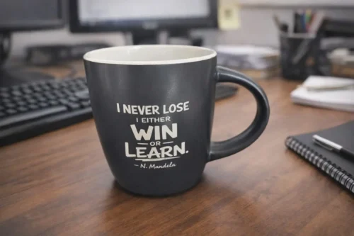 Tazza in ceramica nera opaca da 355 ml "I never lose. I either win or Learn. N.Mandela"