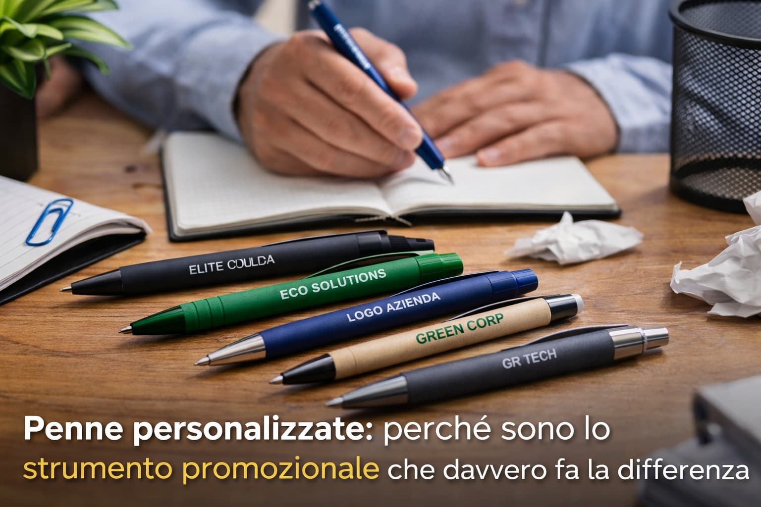penne personalizzate promozionali con logo utilizzate su scrivania come strumento di marketing aziendale