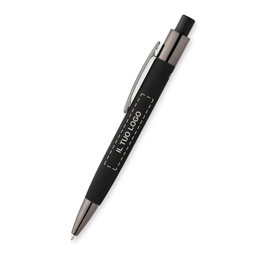 Penna personalizzata in alluminio riciclato soft touch nera con area per il tuo logo