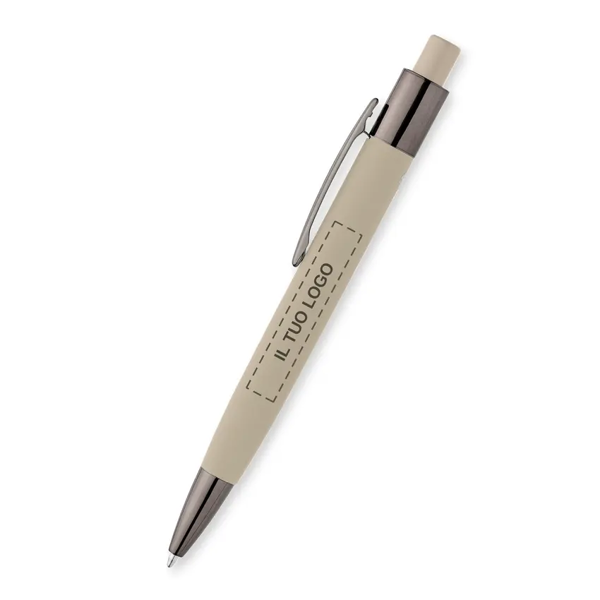 Penna personalizzata in alluminio riciclato soft touch color tortora con area per il tuo logo