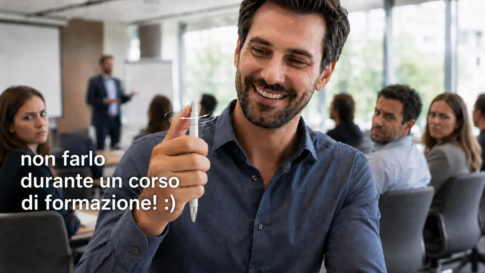 Uomo sorridente fa girare una penna spinner durante un corso di formazione