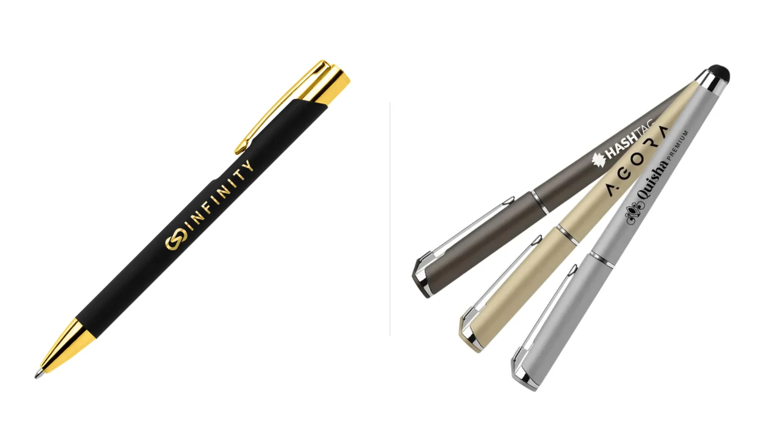 Penna a sfera personalizzata in metallo nero e oro accanto a tre penne gel personalizzate in metallo argento, oro e grigio