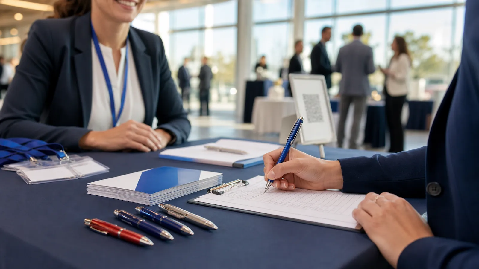 Persona che compila un modulo con una penna personalizzata presso un banchetto promozionale