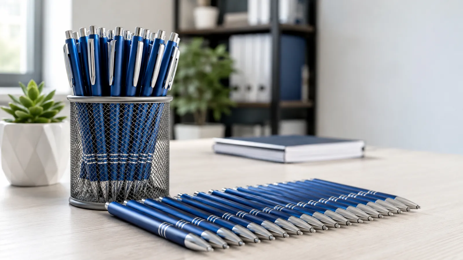 Molte penne personalizzate blu e argento in un portapenne e allineate su una scrivania da ufficio