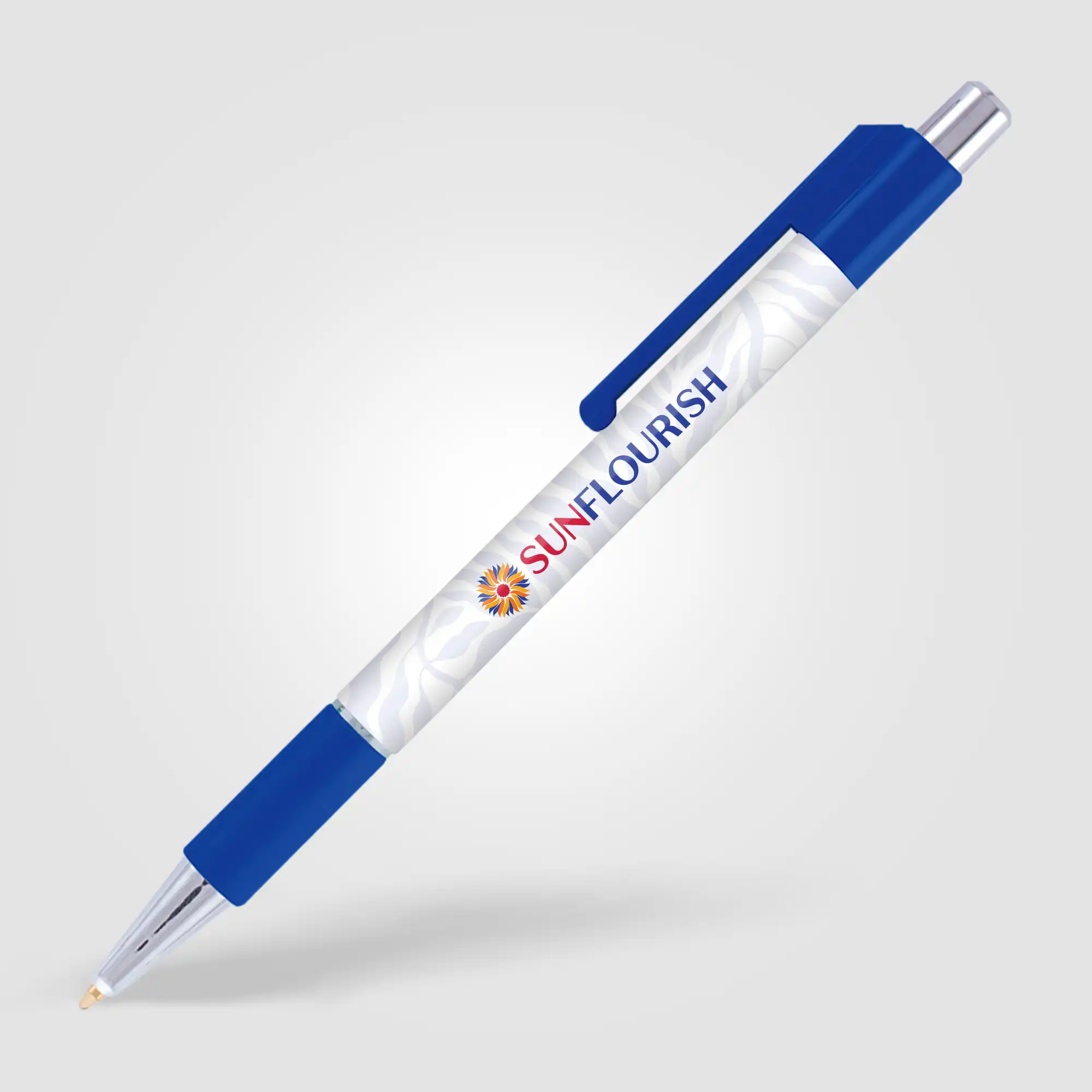 Penna personalizzata cromata con impugnatura colorata blu