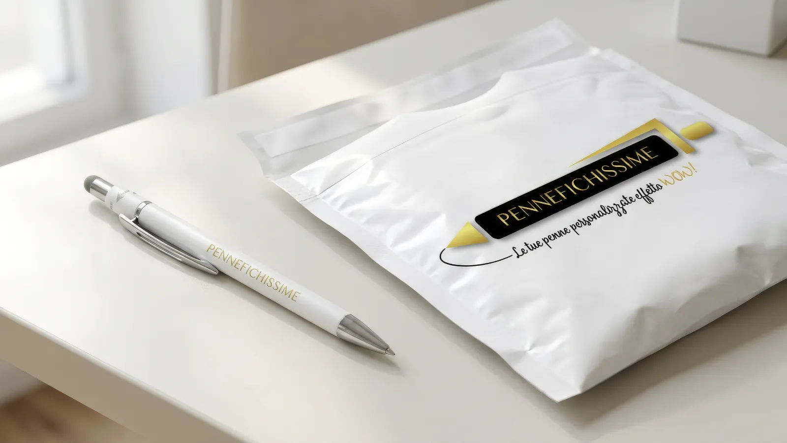 Penna a sfera promozionale bianca accanto a una busta da spedizione con logo Pennefichissime su una scrivania