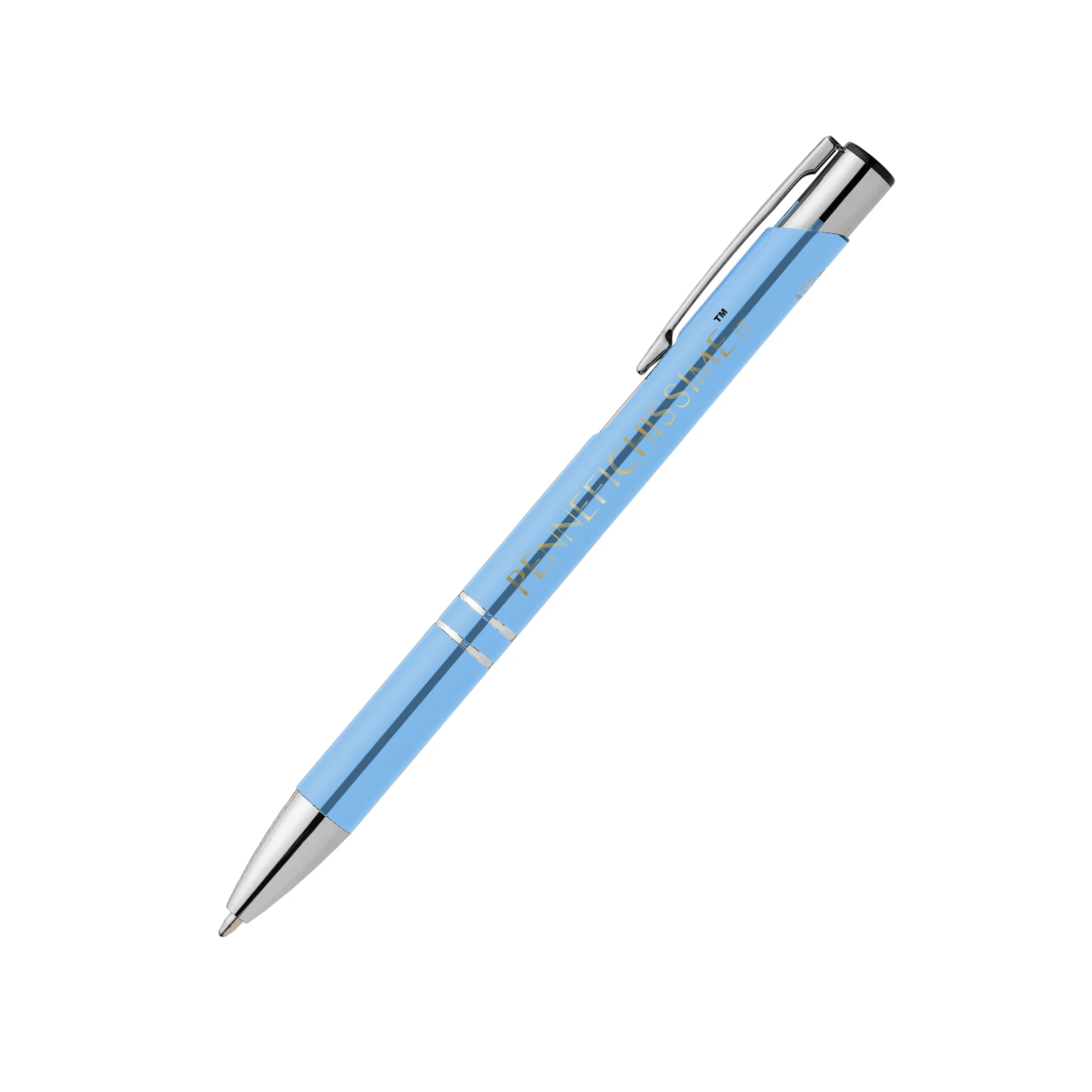 Penna personalizzata in alluminio riciclato metallizzato azzurro chiaro con logo stampato in quadricromia