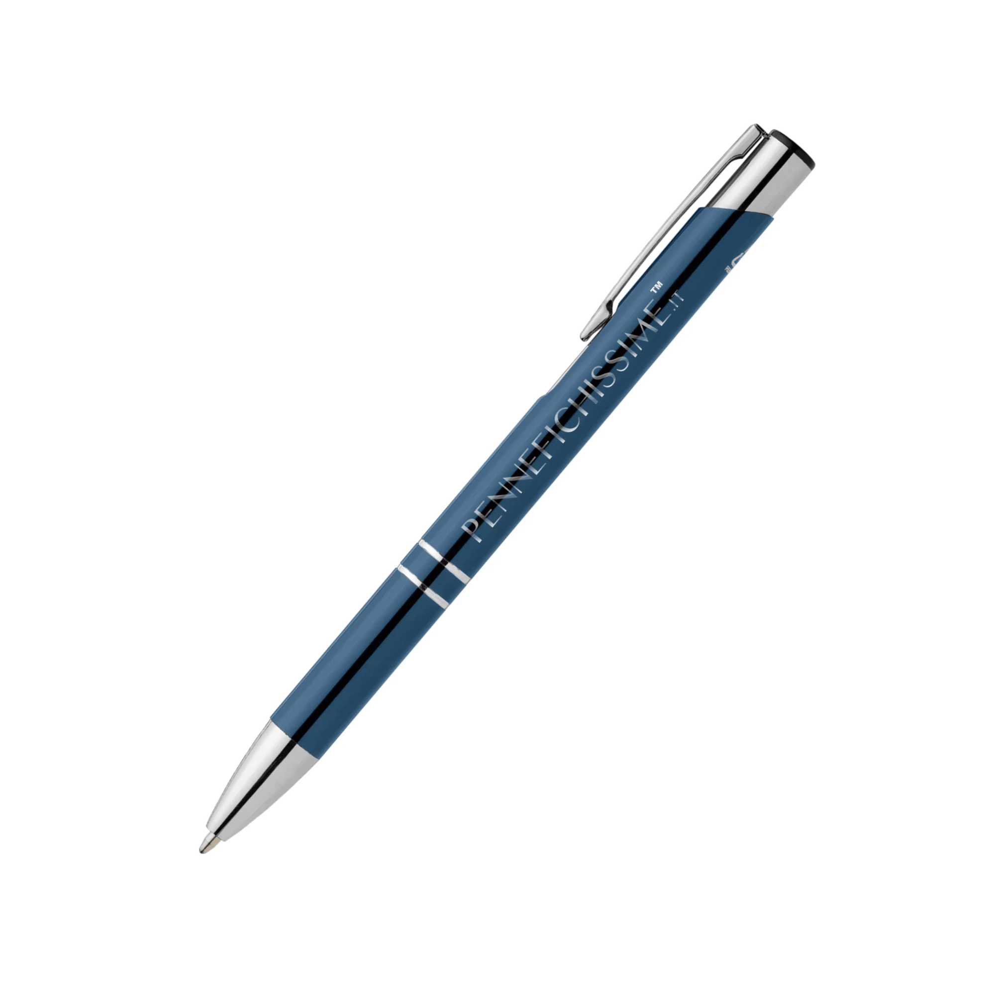 Penna personalizzata in alluminio riciclato metallizzato blu navy scuro con logo inciso al laser