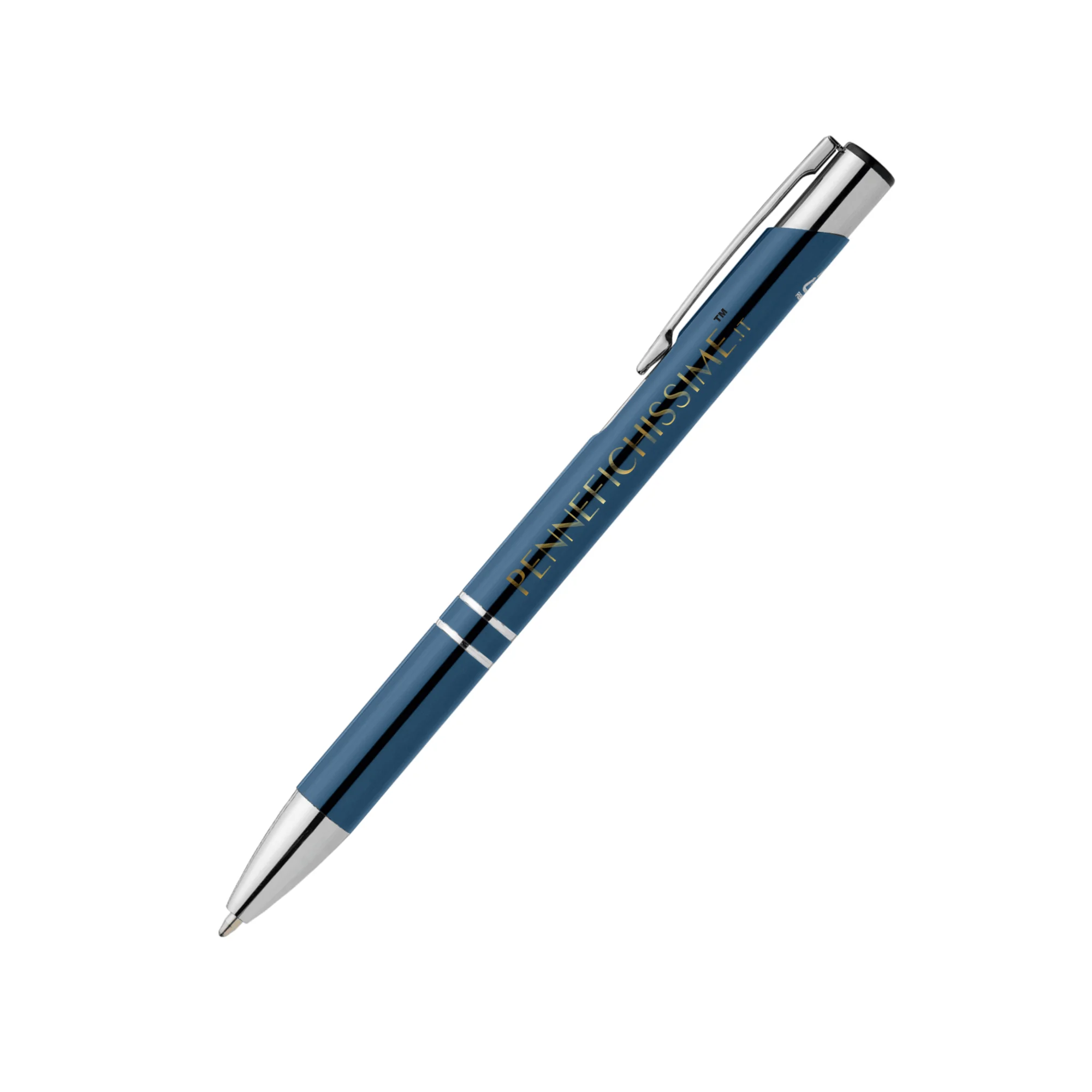 Penna personalizzata in alluminio riciclato metallizzato blu navy scuro con logo stampato in quadricromia