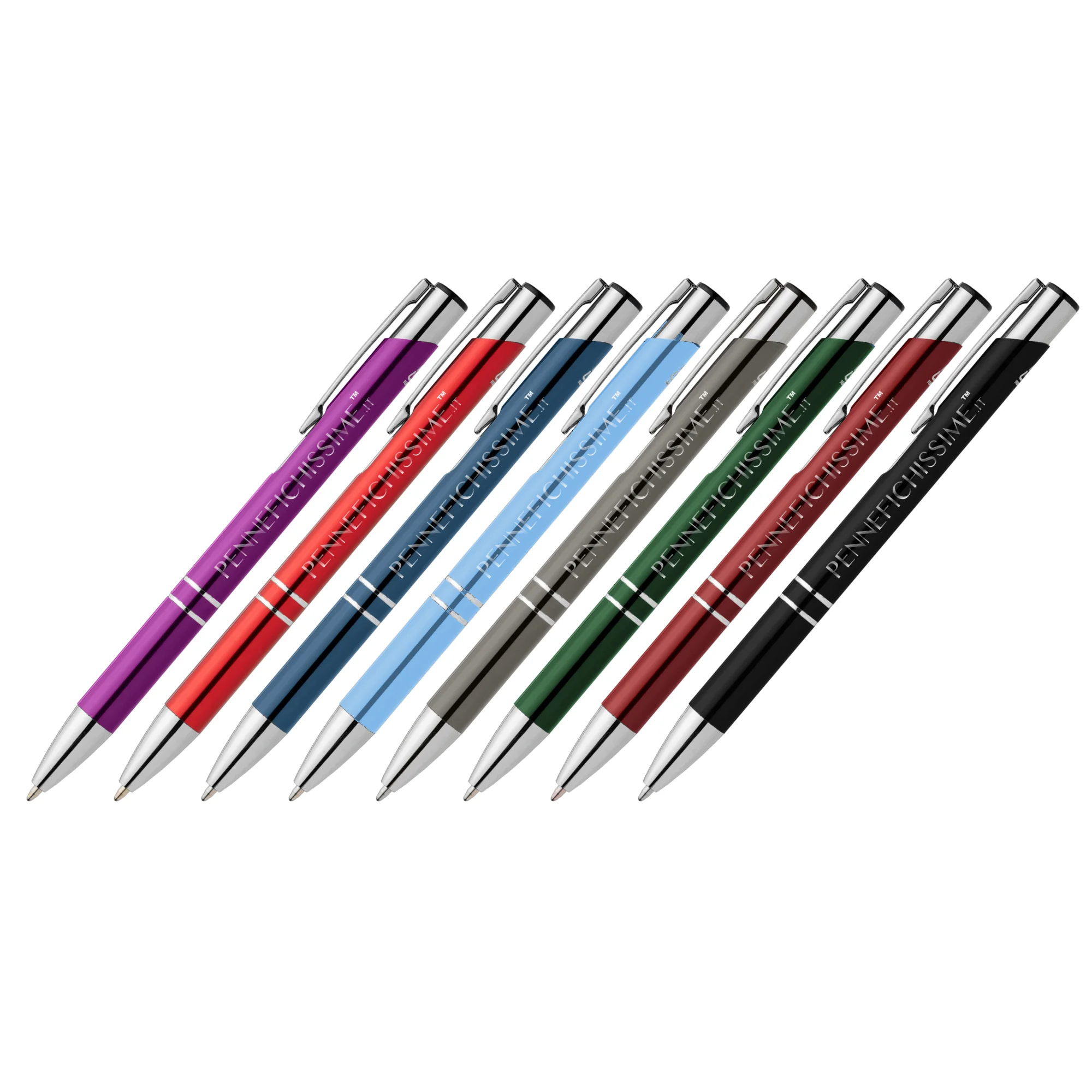 Penne personalizzate in alluminio riciclato metallizzato in 8 colori con logo inciso al laser