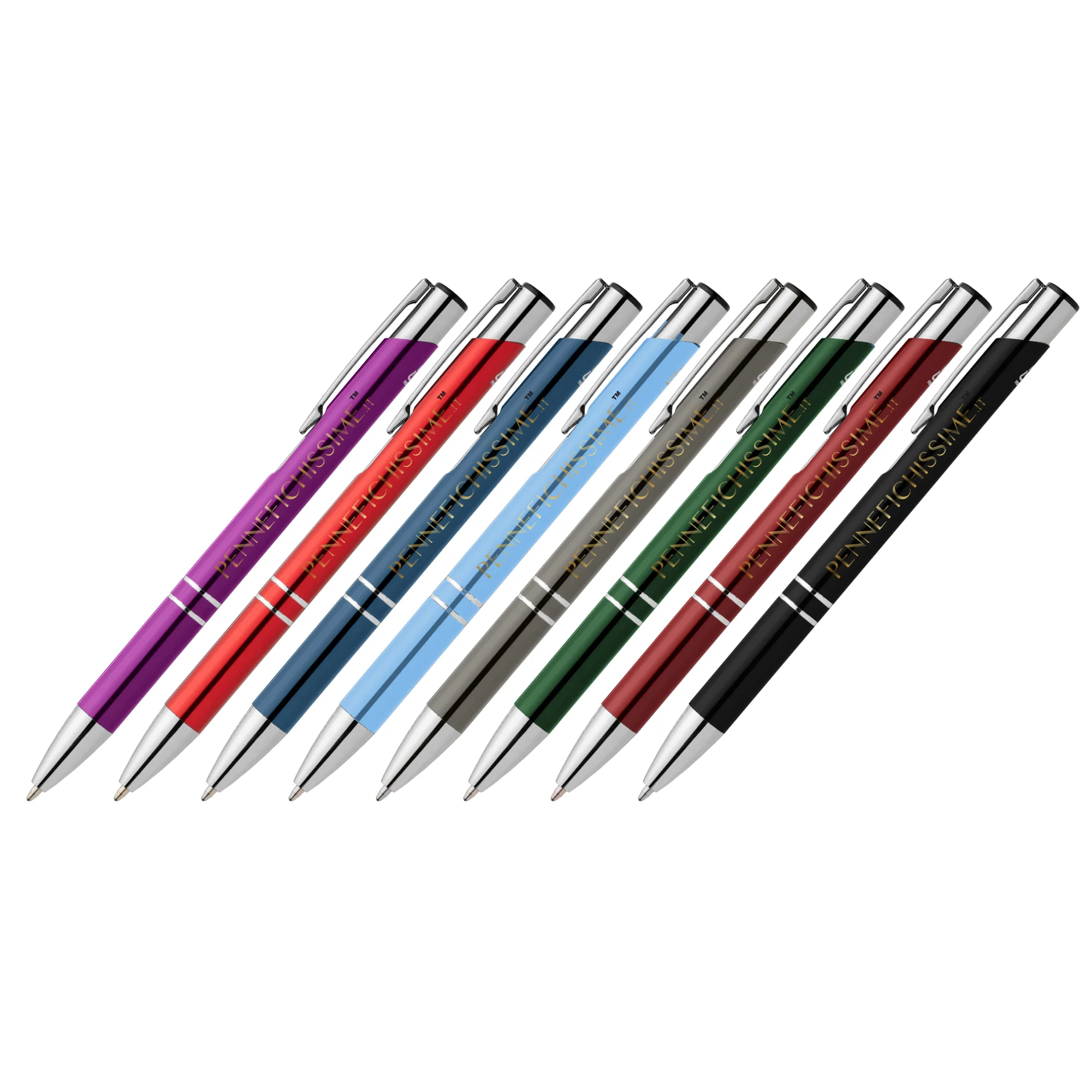 Penne personalizzate in alluminio riciclato metallizzato con dettagli cromati in 8 colori, stampa quadricromia logo