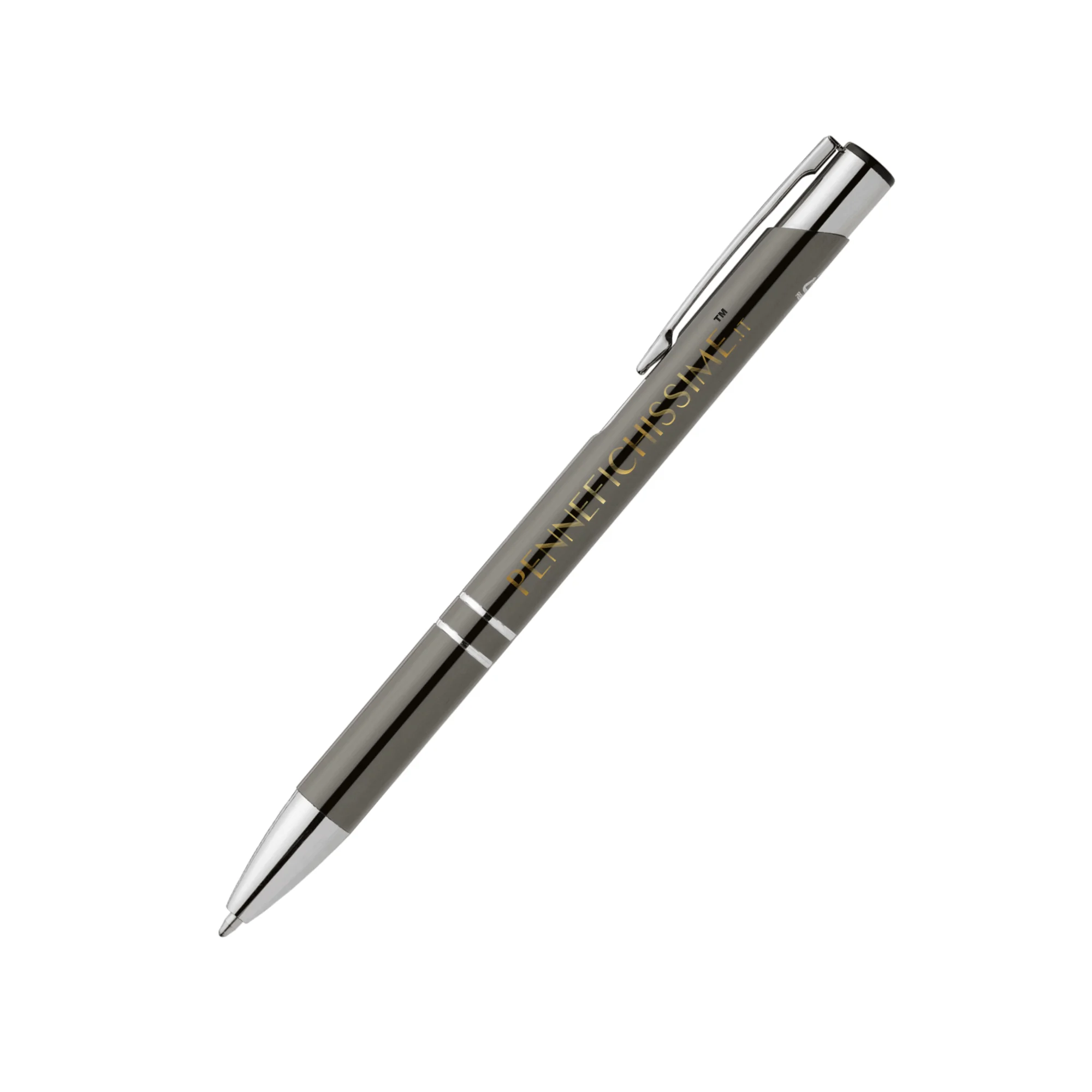 Penna personalizzata in alluminio riciclato metallizzato gunmetal con logo stampato in quadricromia