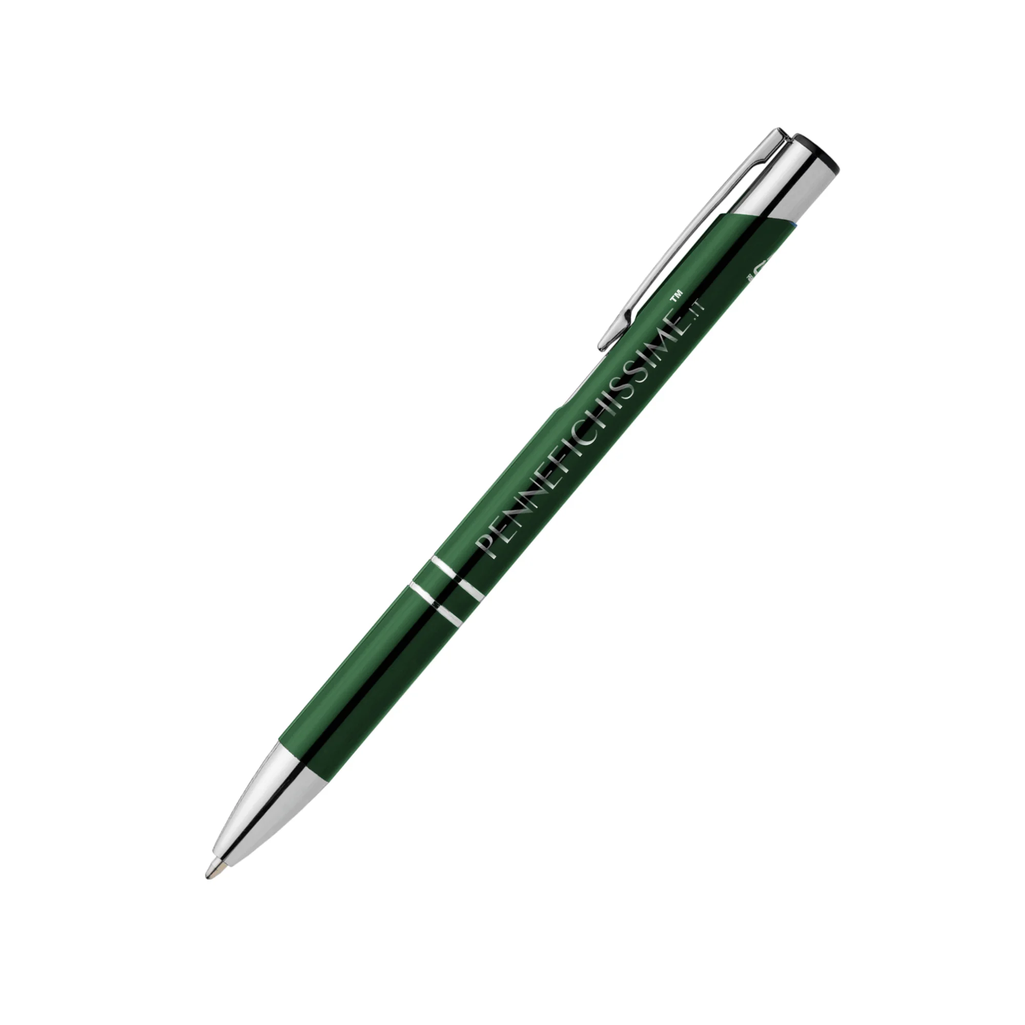 Penna personalizzata in alluminio riciclato metallizzato verde foresta con logo inciso al laser
