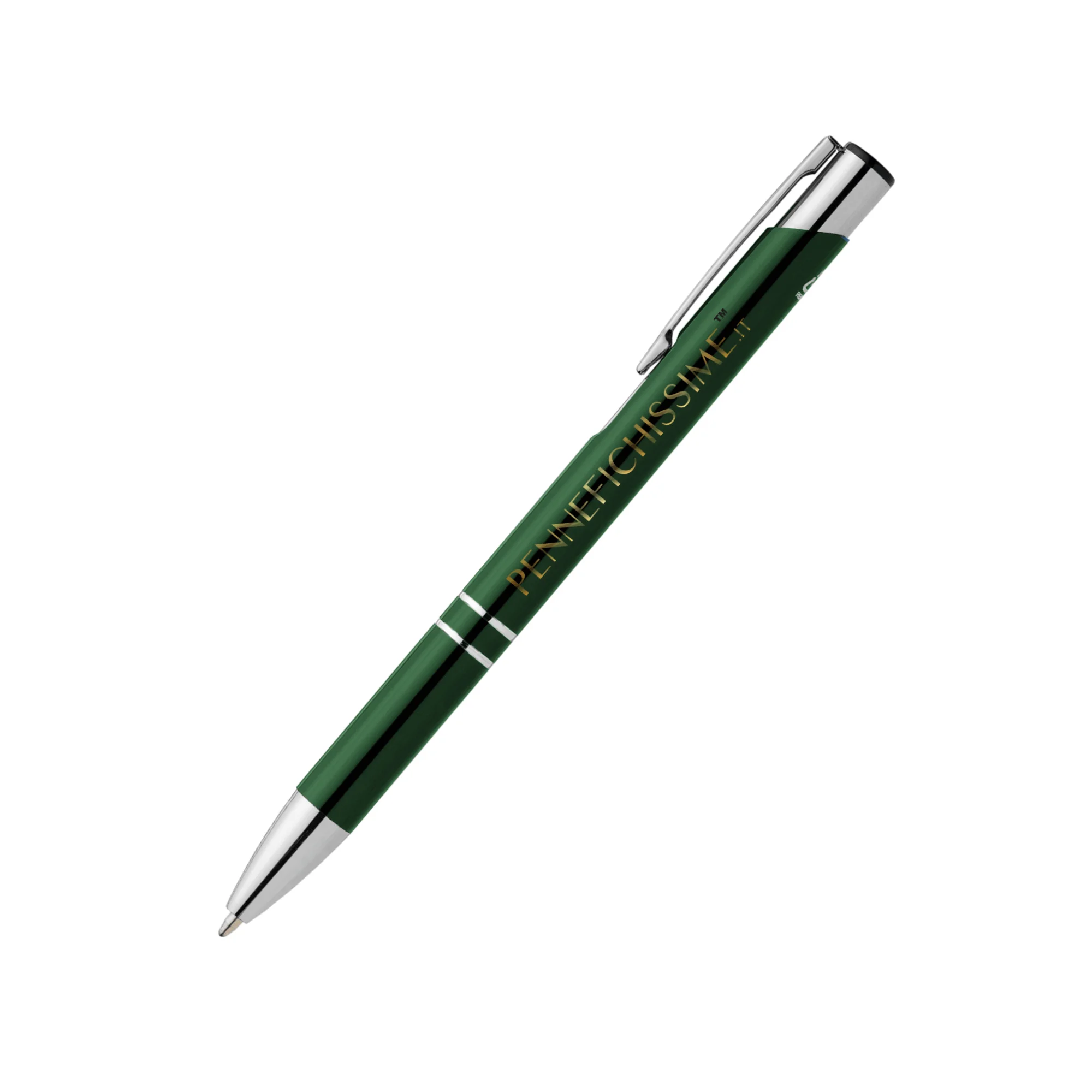 Penna personalizzata in alluminio riciclato metallizzato verde foresta con logo stampato in quadricromia