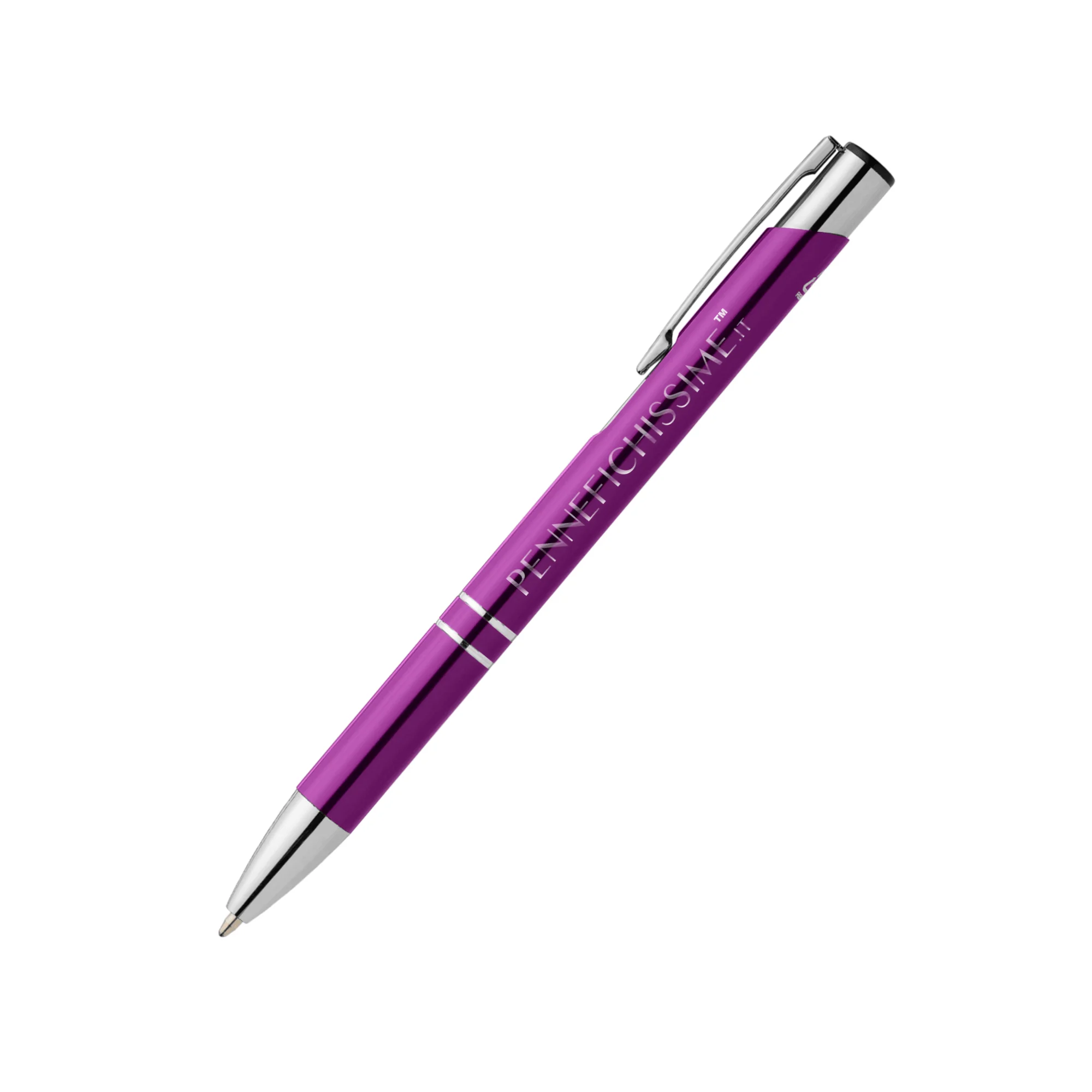 Penna personalizzata in alluminio riciclato metallizzato viola con logo inciso al laser
