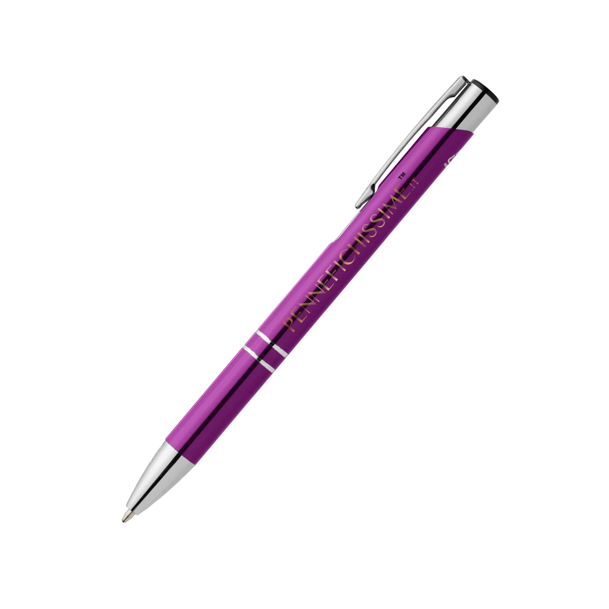 Penna personalizzata in alluminio riciclato metallizzato viola con logo stampato in quadricromia