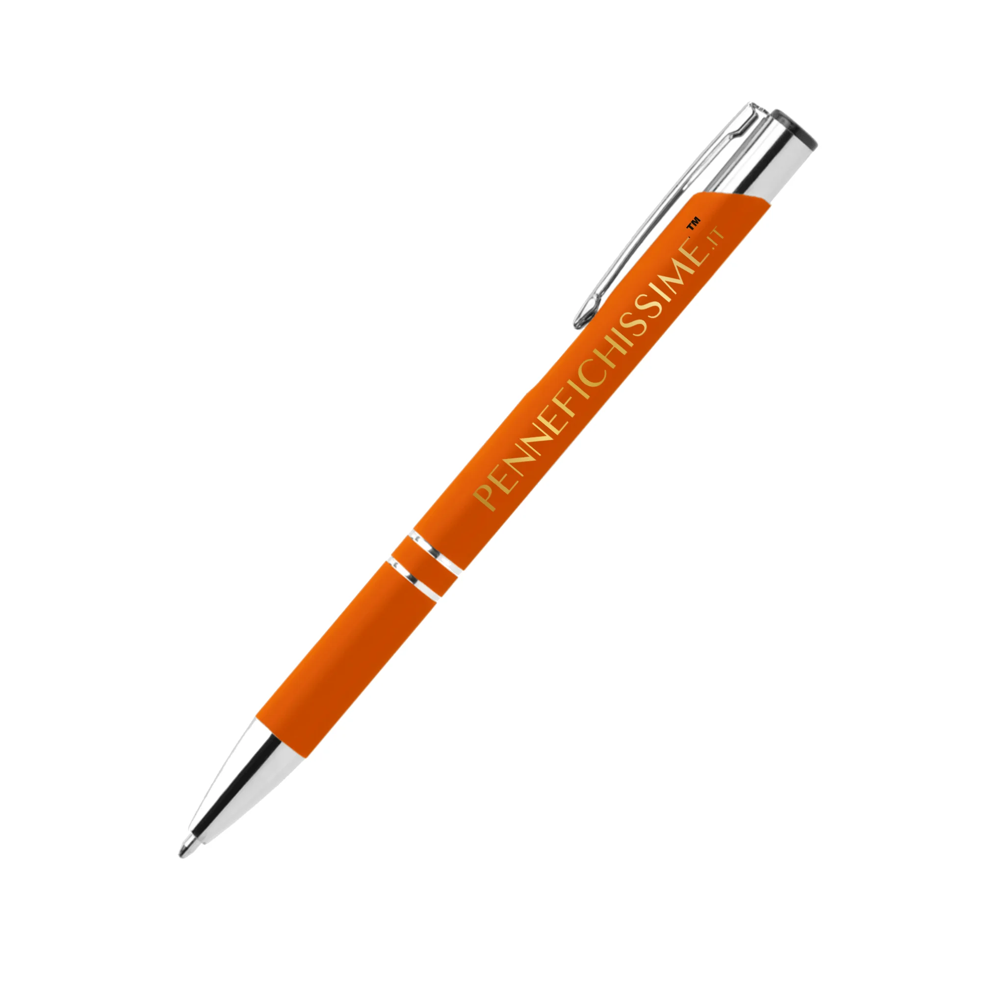 Penna personalizzata in alluminio soft touch arancione con logo stampato a colori