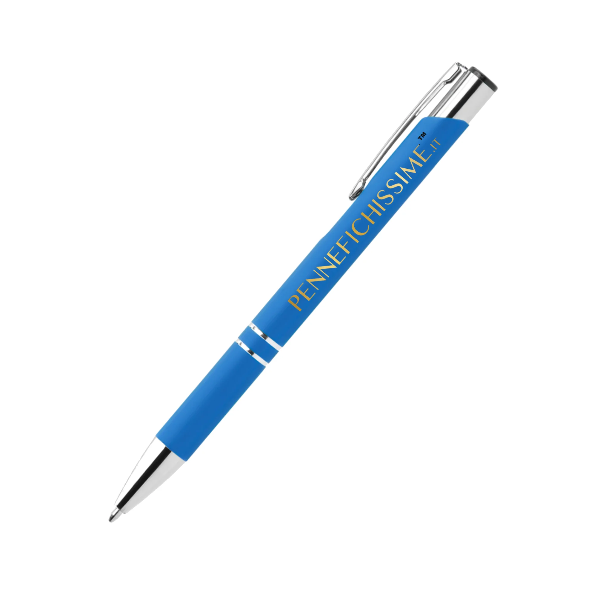 Penna personalizzata in alluminio soft touch azzurra con logo stampato a colori