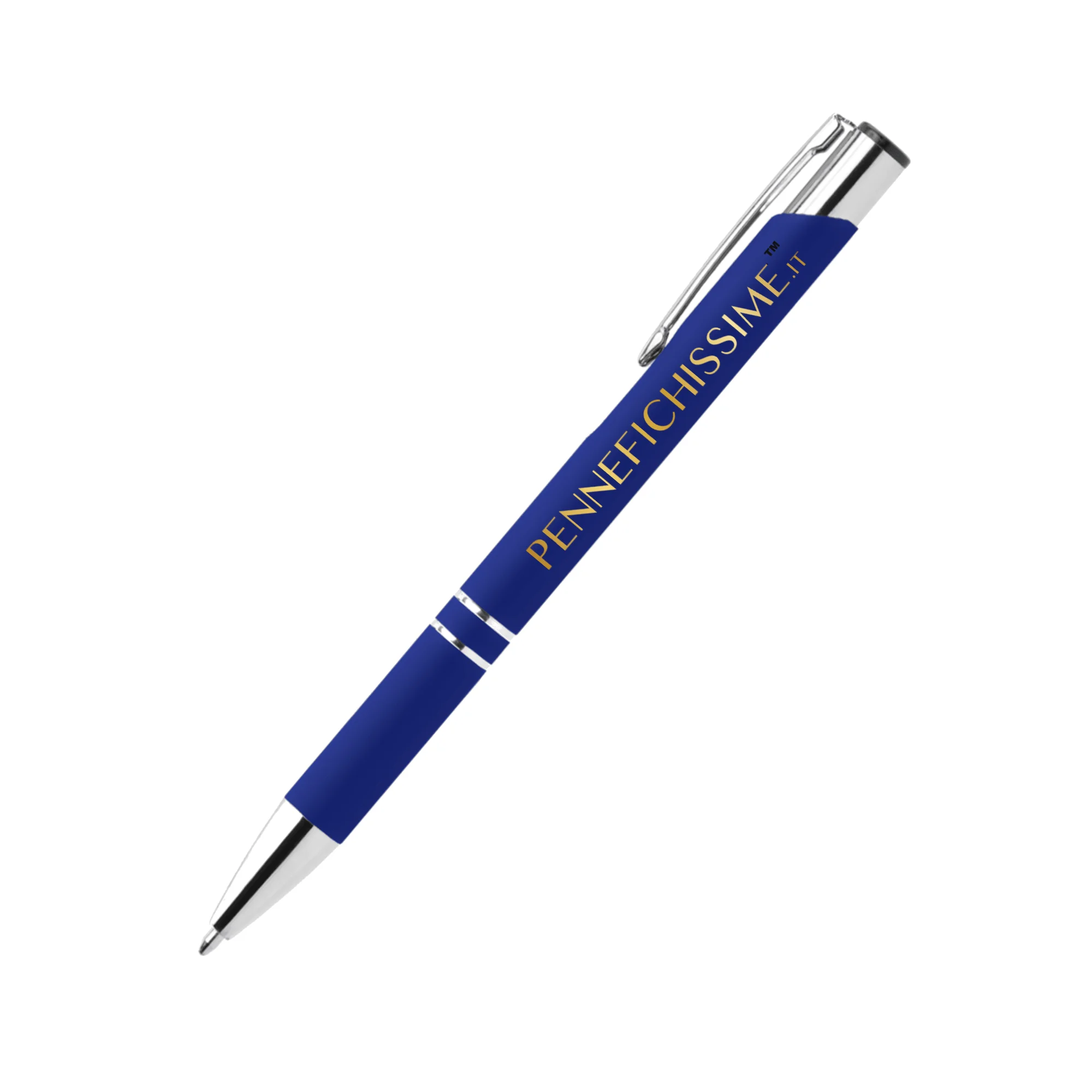 Penna personalizzata in alluminio soft touch blu scuro con logo stampato a colori