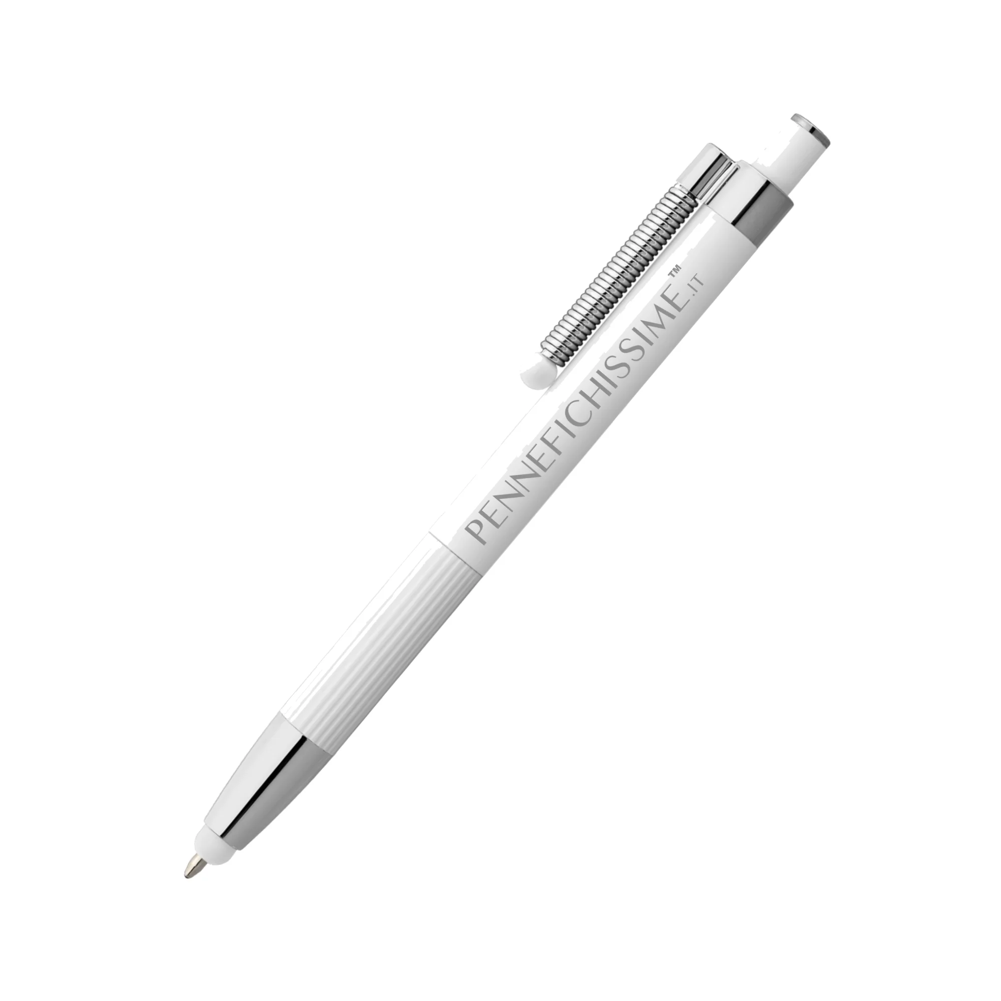 Penna personalizzata touch antistress in alluminio riciclato bianca con logo inciso al laser