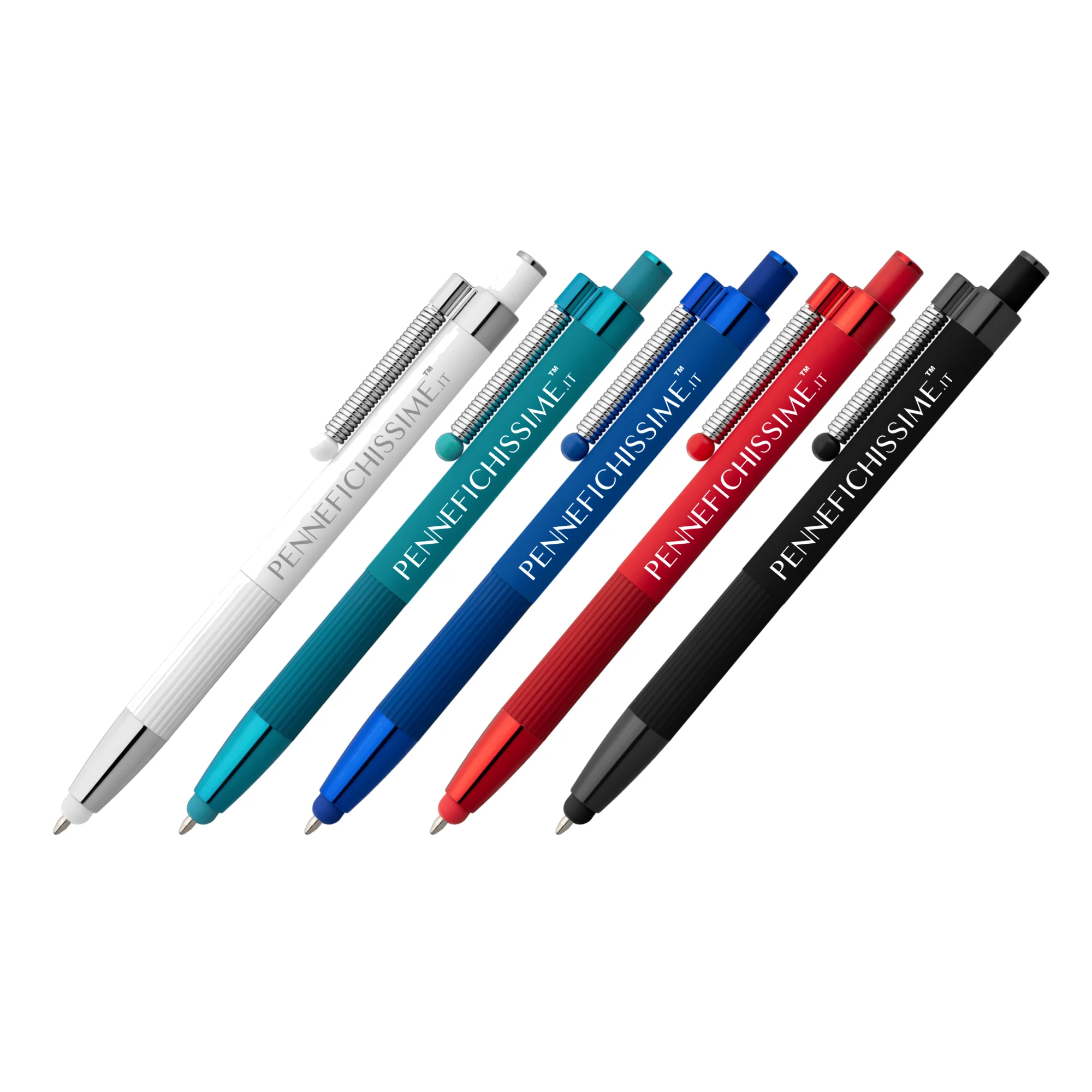Penna personalizzata touch antistress in alluminio riciclato nei 5 colori disponibili con logo inciso al laser