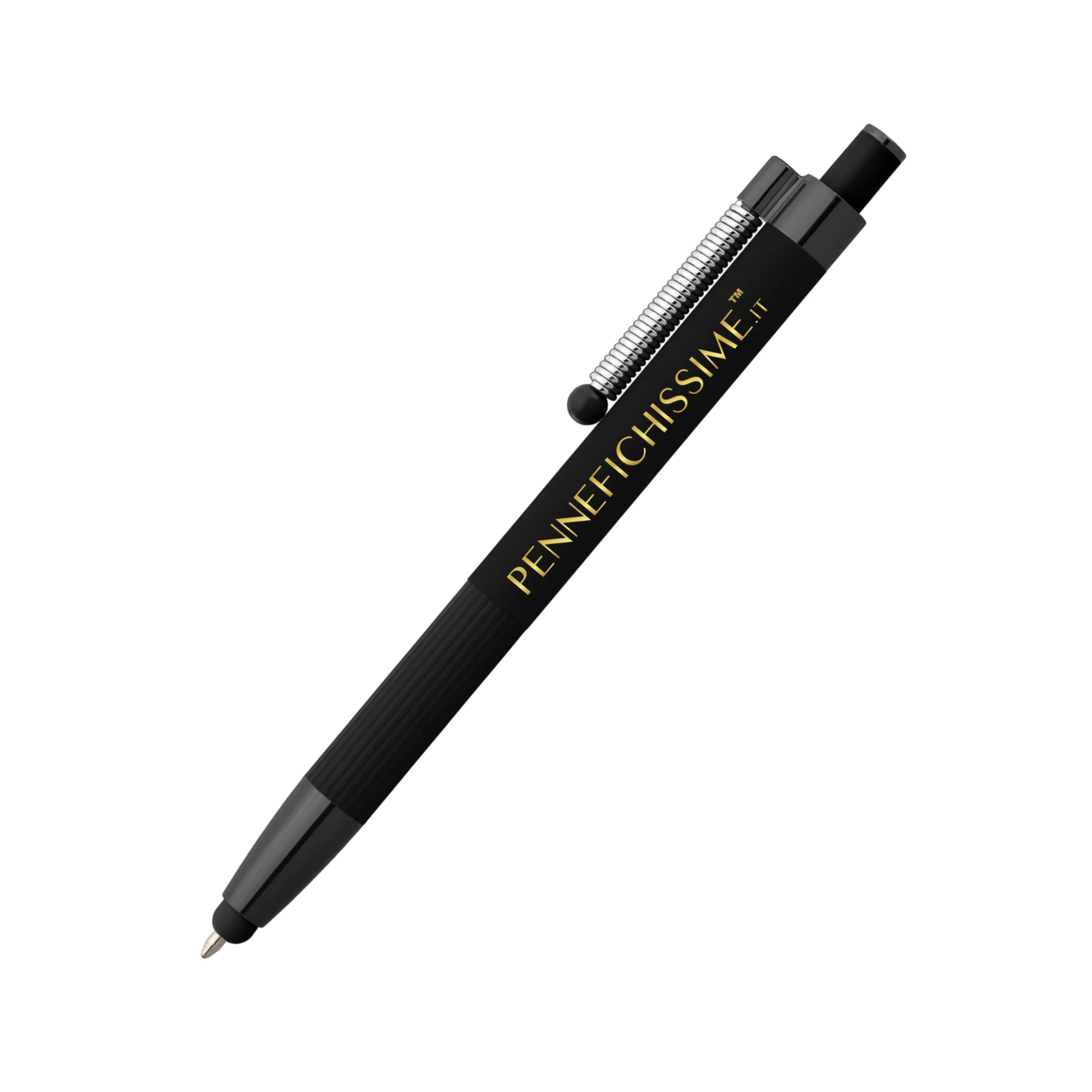 Penna personalizzata touch antistress in alluminio riciclato nera con logo stampato a colori
