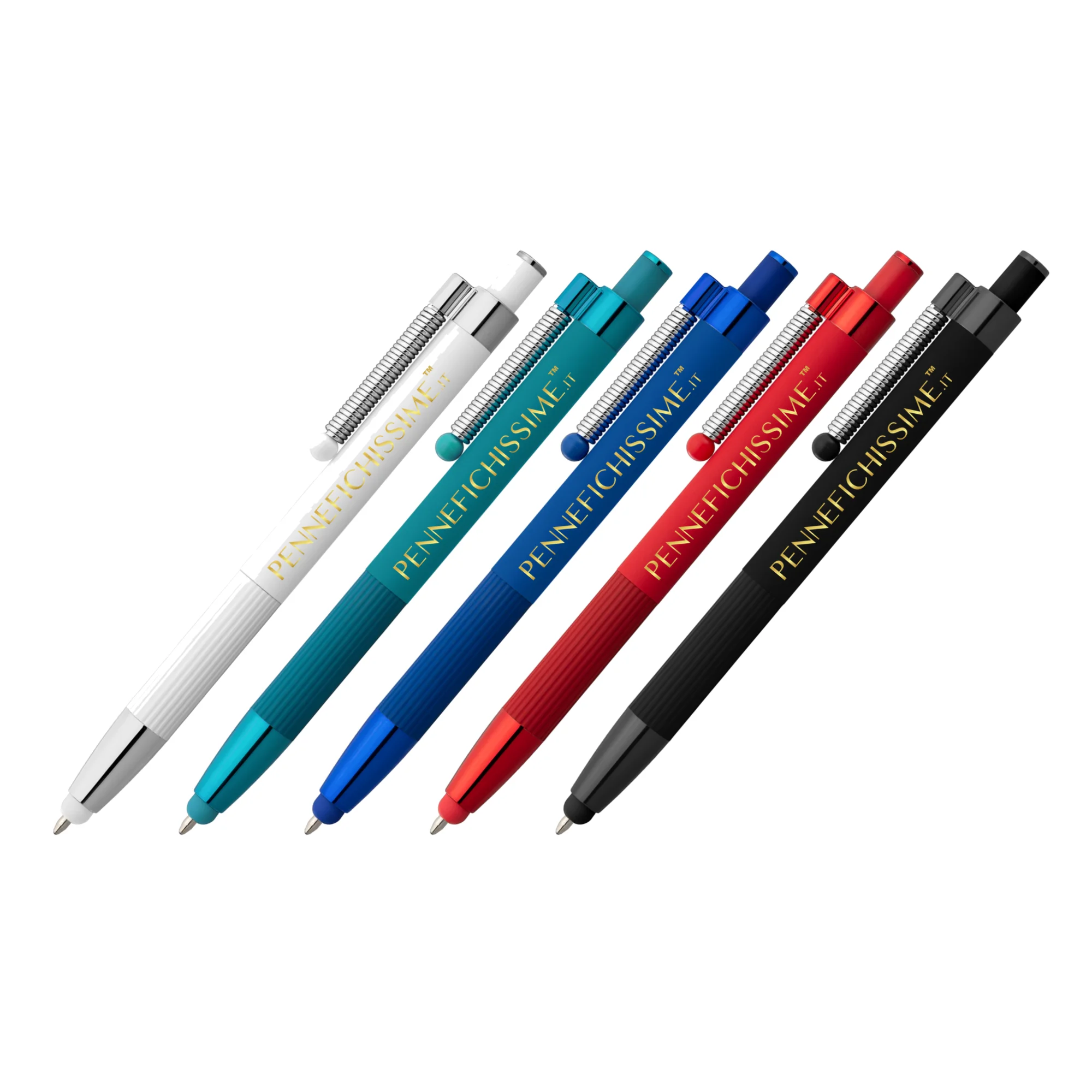 Penna personalizzata touch antistress in alluminio riciclato nei 5 colori disponibili con logo stampato a colori