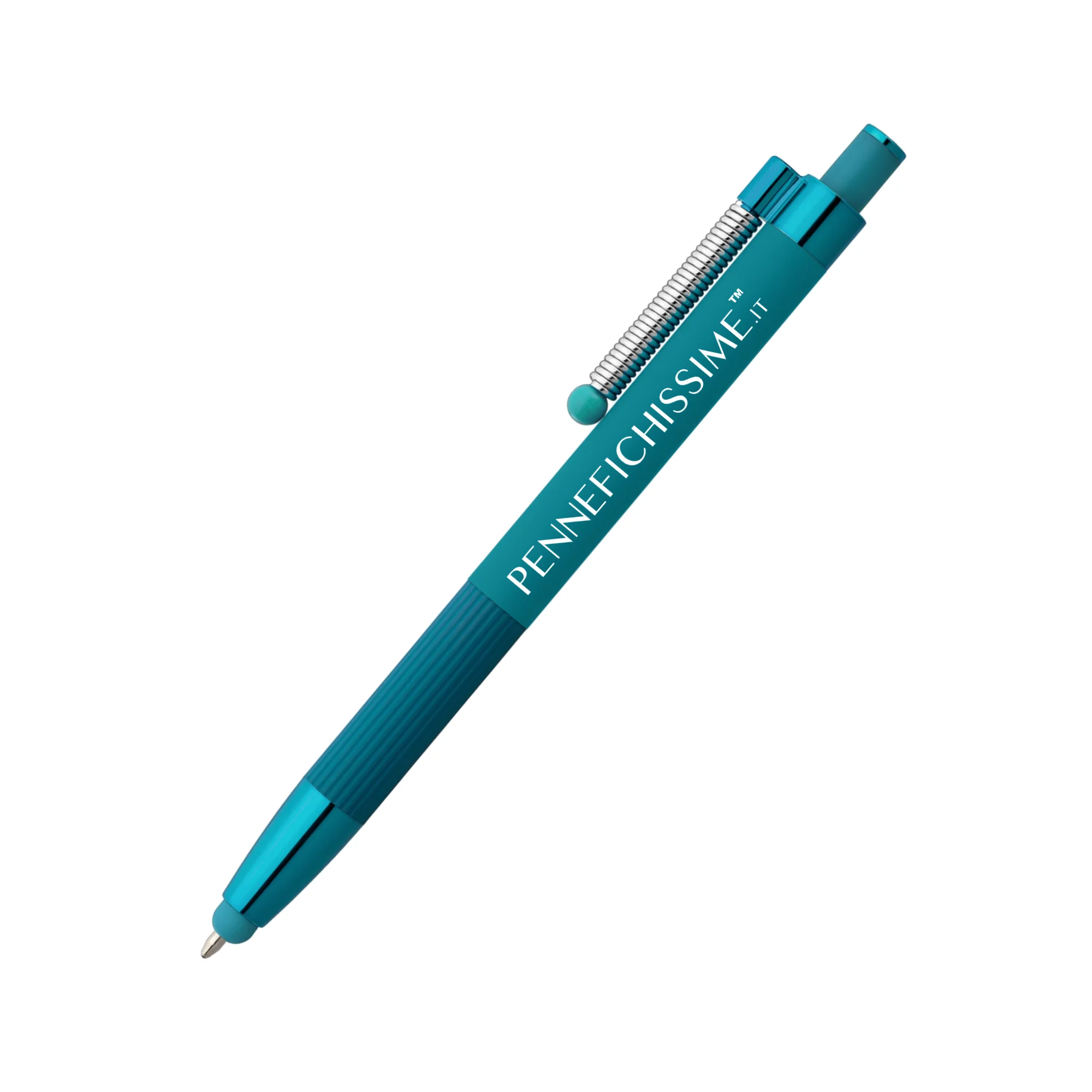 Penna personalizzata touch antistress in alluminio riciclato verde acqua con logo inciso al laser