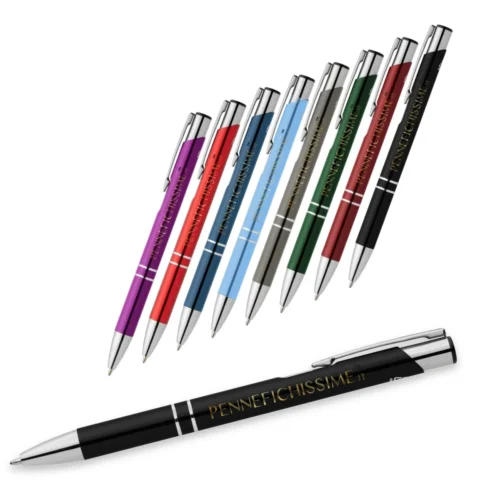 Penne personalizzate in alluminio riciclato metallizzato con dettagli cromati in 8 colori, stampa quadricromia logo