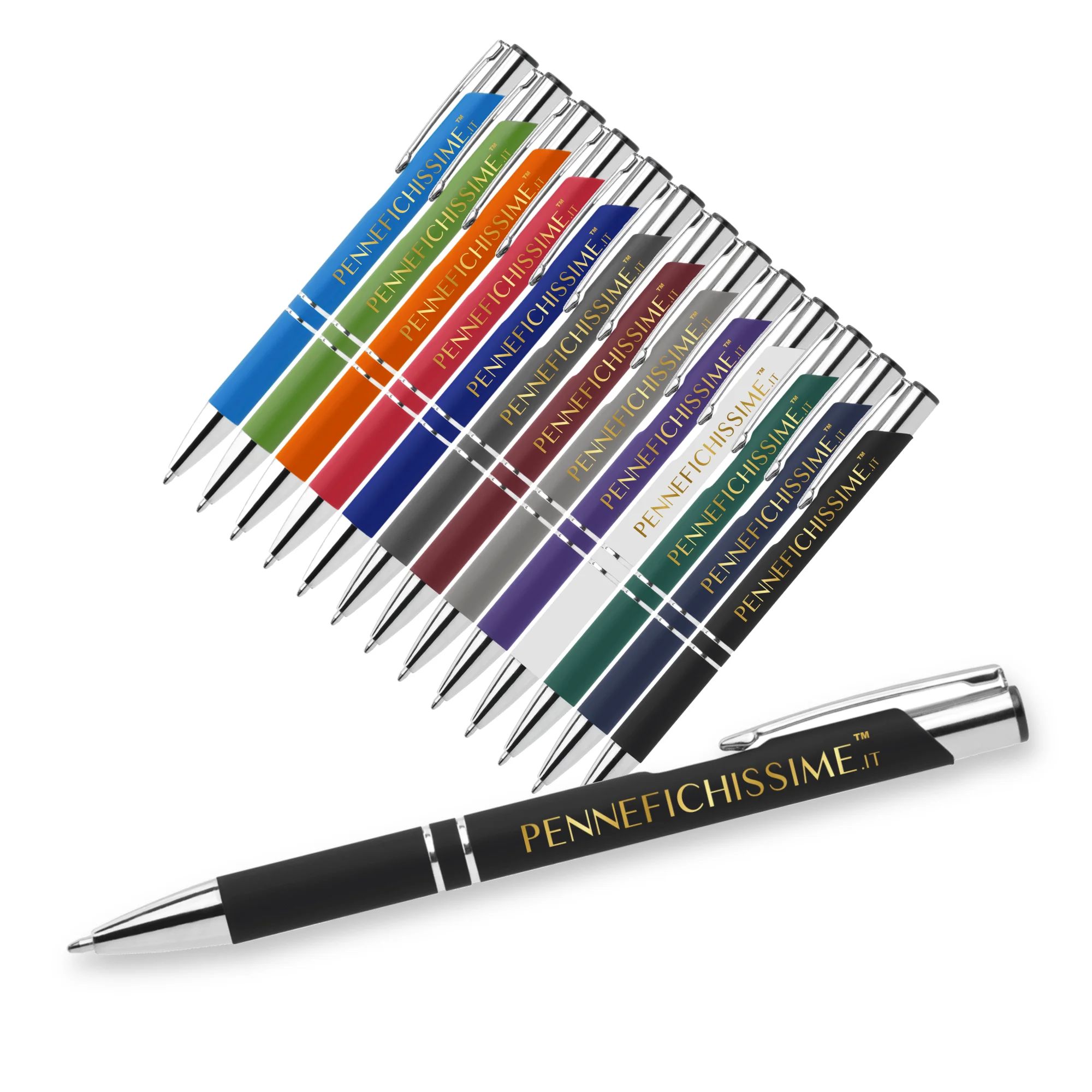 Penna personalizzata in alluminio soft touch nera in primo piano con logo stampato a colori e i 13 colori disponibili