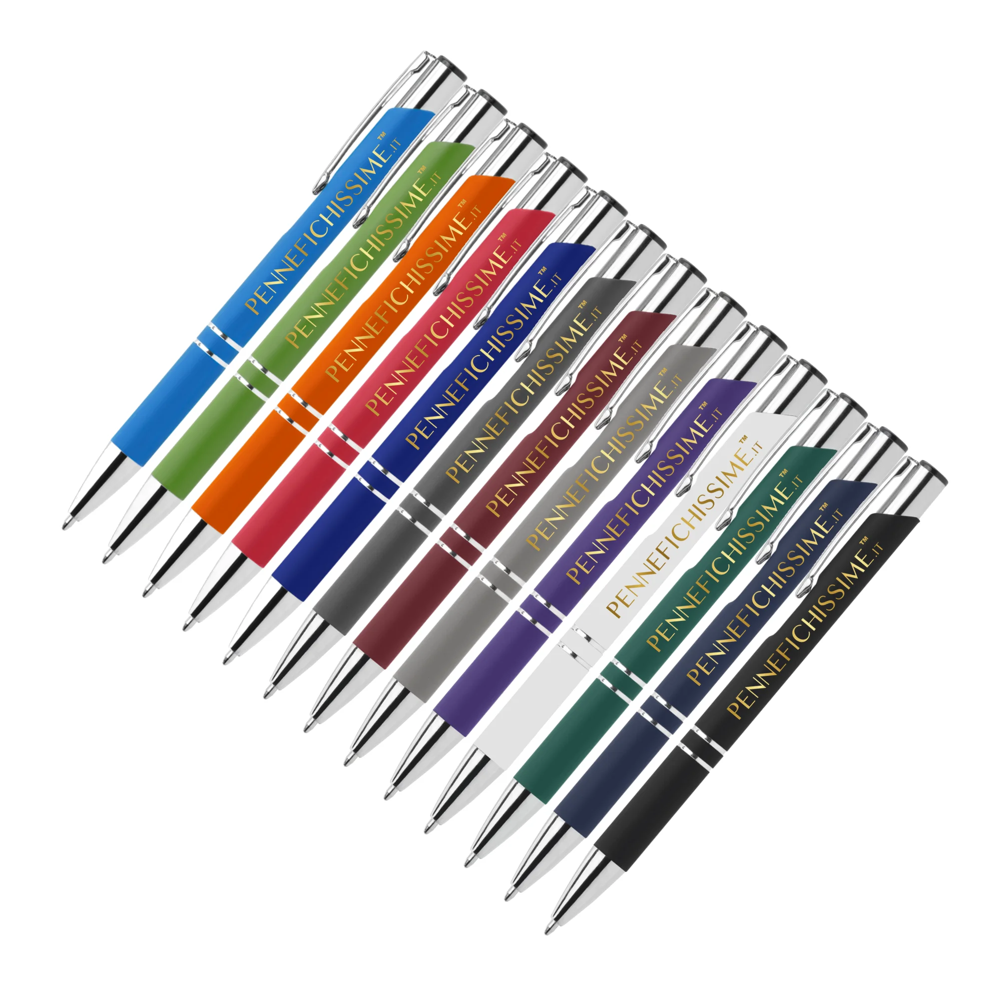 Penna personalizzata in alluminio soft touch nei 13 colori disponibili con logo stampato a colori