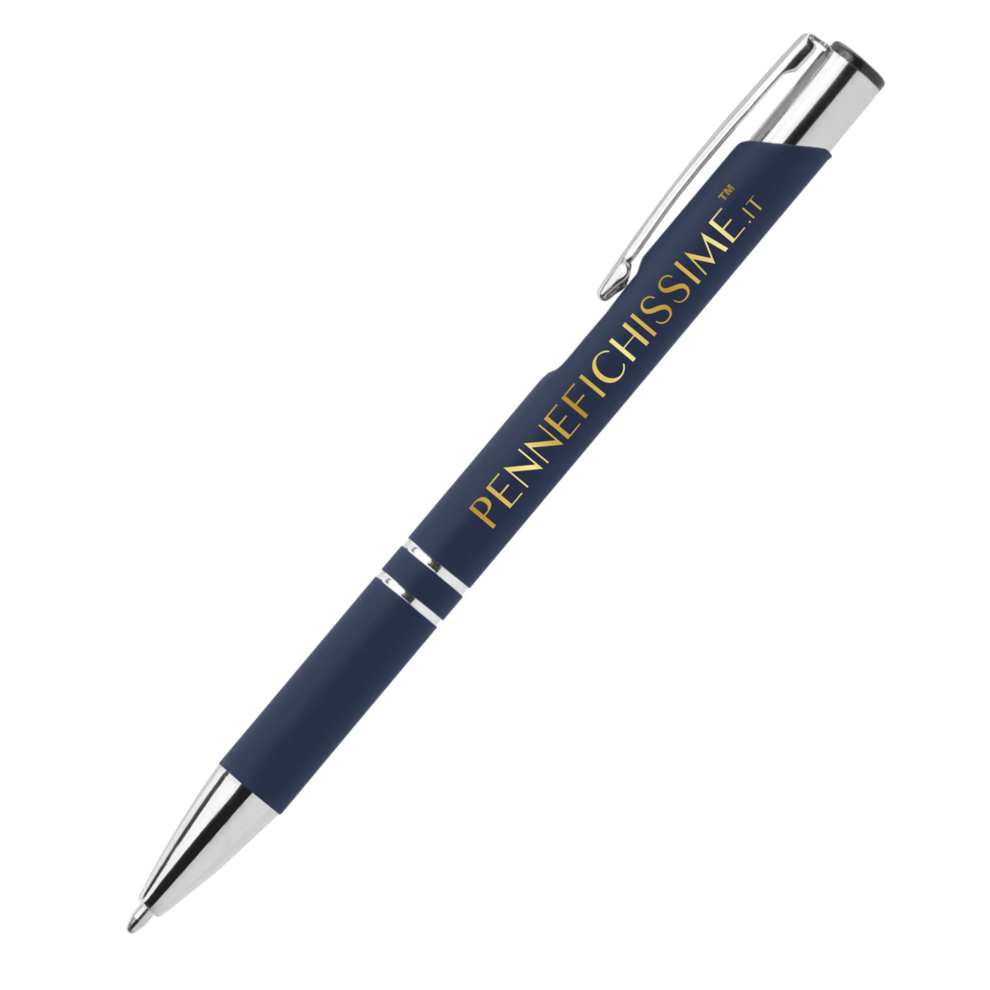 Penna personalizzata in alluminio soft touch blu navy con logo stampato a colori
