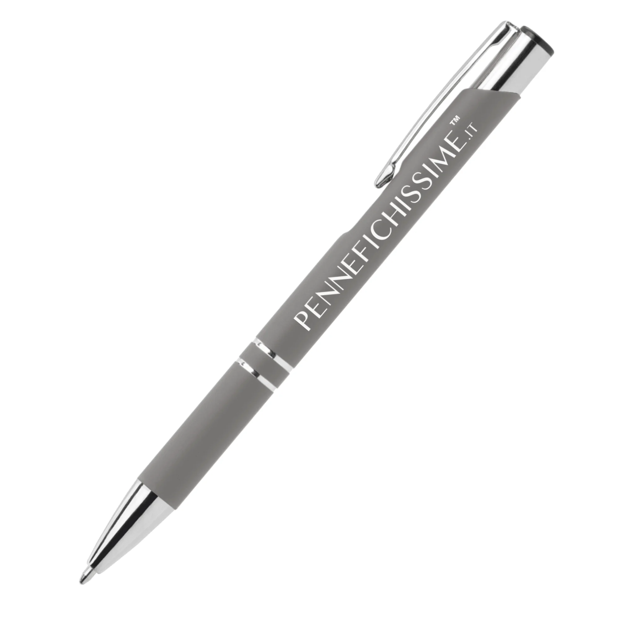Penna personalizzata in alluminio soft touch grigio chiaro con logo inciso al laser