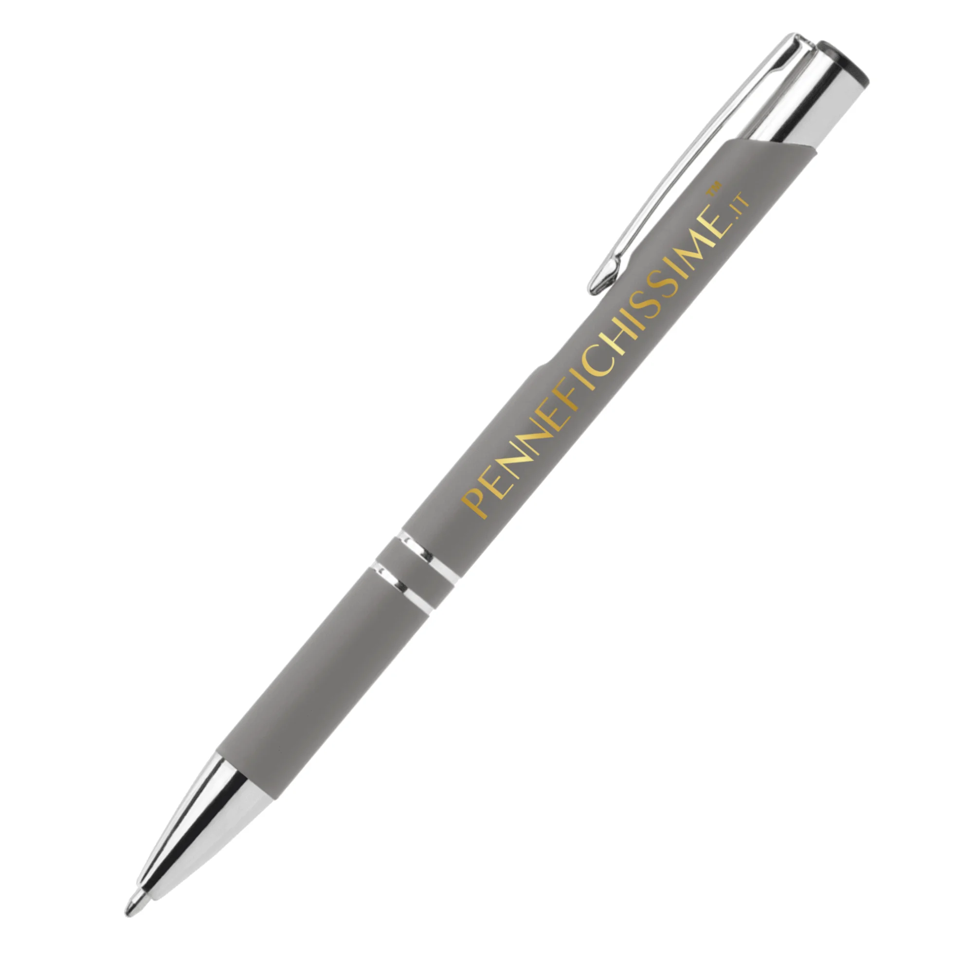 Penna personalizzata in alluminio soft touch grigio chiaro con logo stampato a colori