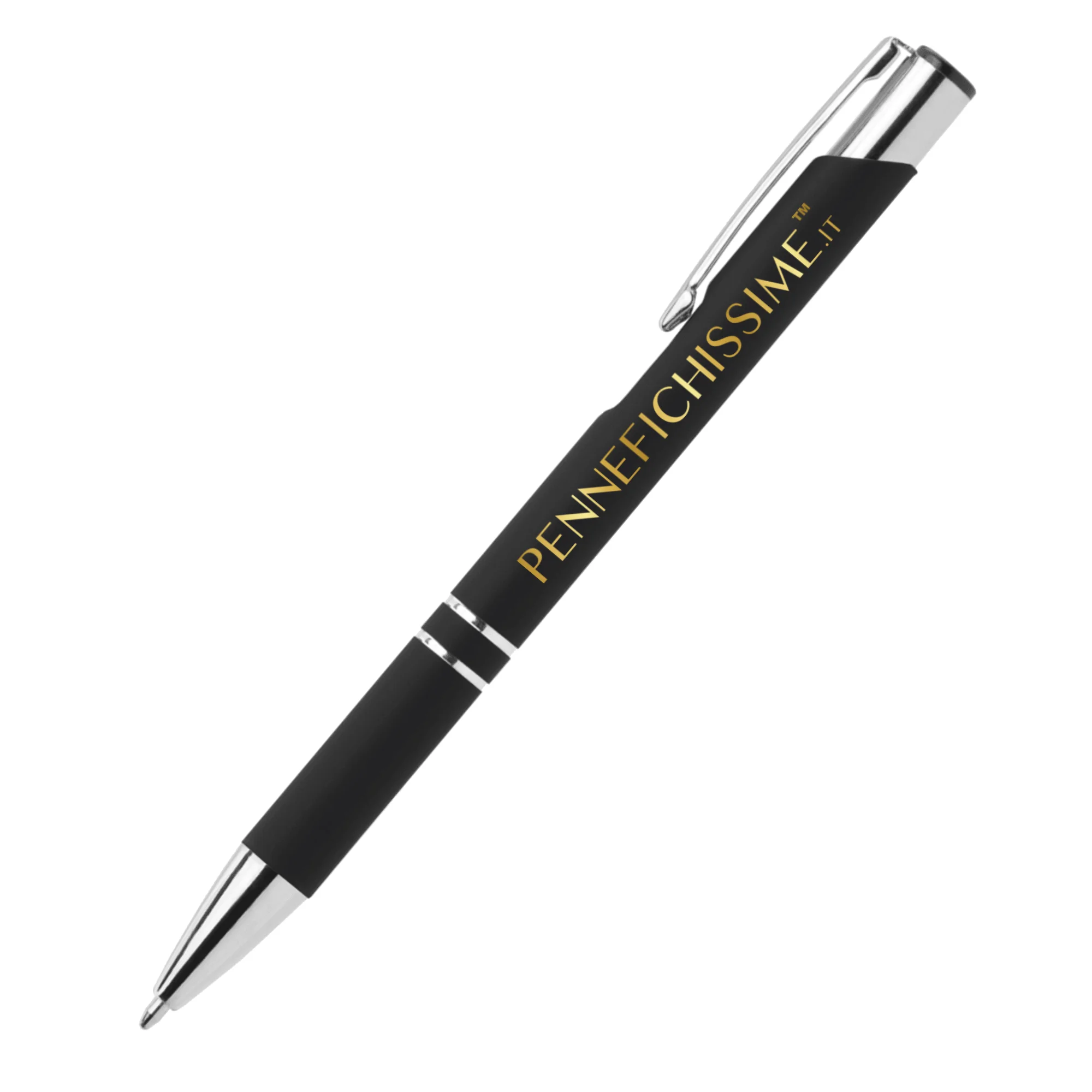 Penna personalizzata in alluminio soft touch nera con logo stampato a colori