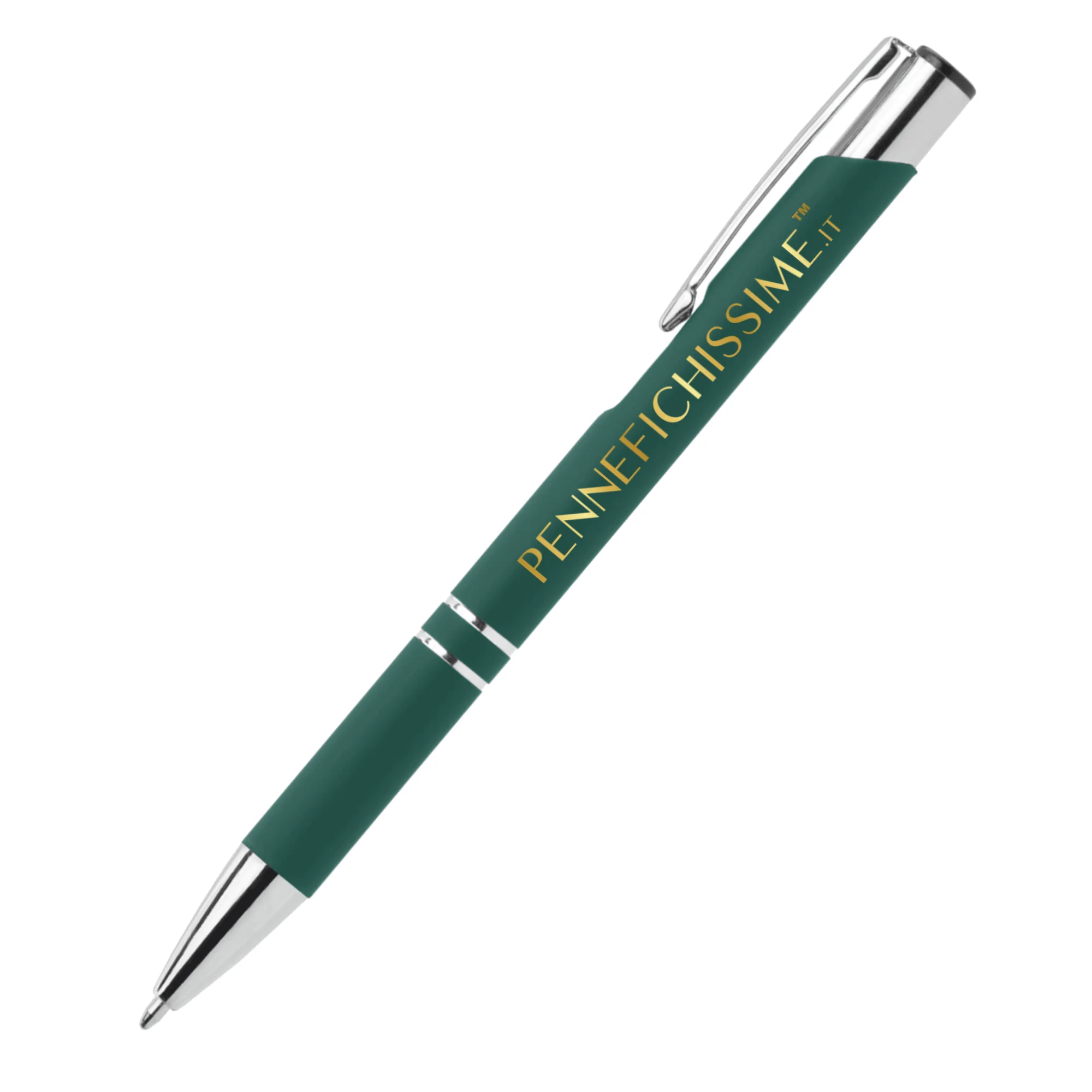 Penna personalizzata in alluminio soft touch verde scuro con logo stampato a colori