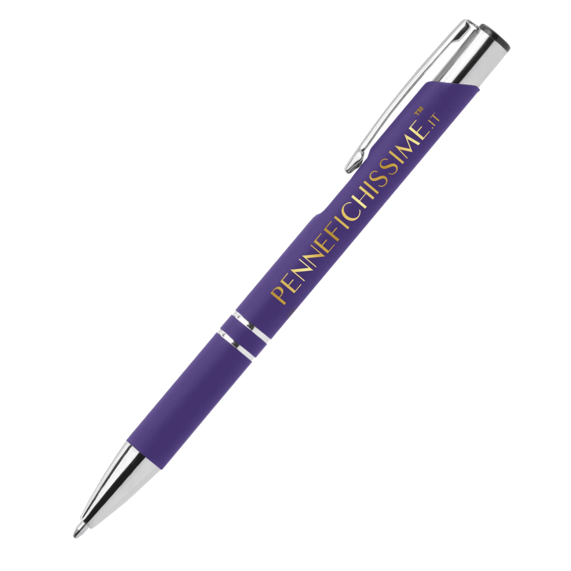 Penna personalizzata in alluminio soft touch viola scuro con logo stampato a colori