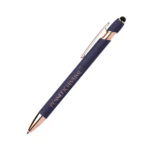Penna personalizzata soft touch blu con touch screen e dettagli oro rosa, logo inciso al laser a specchio