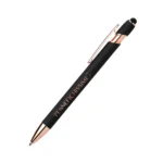 Penna personalizzata soft touch nera con touch screen e dettagli oro rosa, logo inciso al laser a specchio
