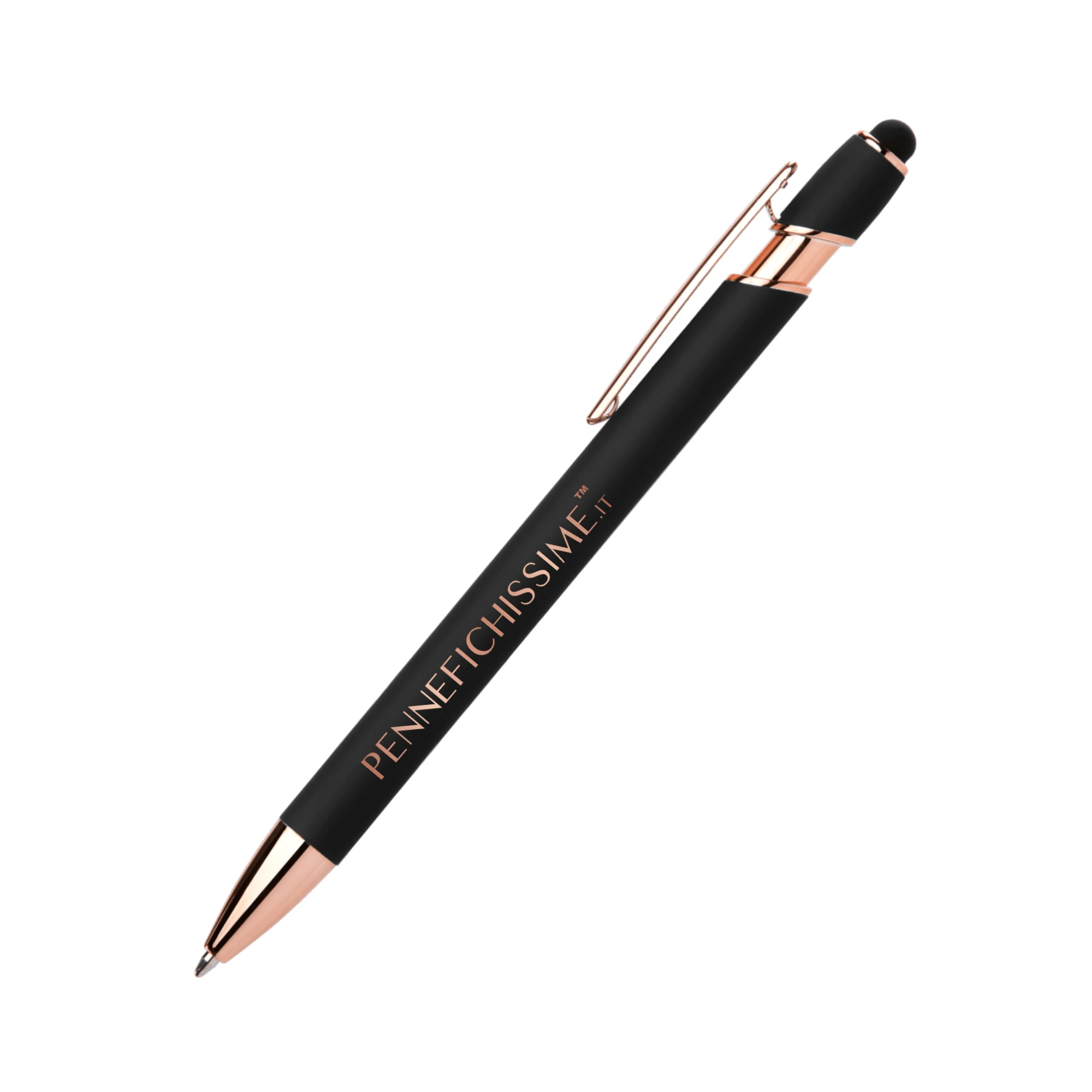 Penna personalizzata soft touch nera con touch screen e dettagli oro rosa, logo inciso al laser a specchio