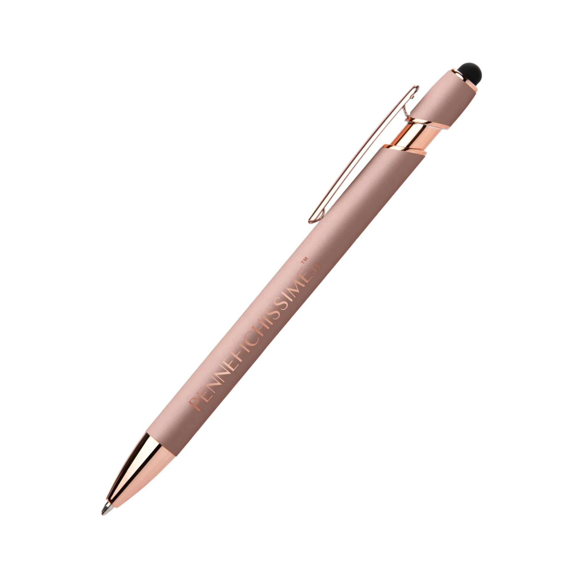 Penna personalizzata soft touch oro rosa con touch screen e dettagli oro rosa, logo inciso al laser a specchio