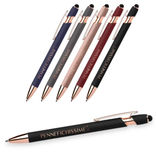 Penne personalizzate soft touch con touch screen e dettagli oro rosa in 5 colori, logo inciso al laser a specchio