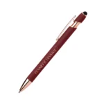 Penna personalizzata soft touch rossa con touch screen e dettagli oro rosa, logo inciso al laser a specchio