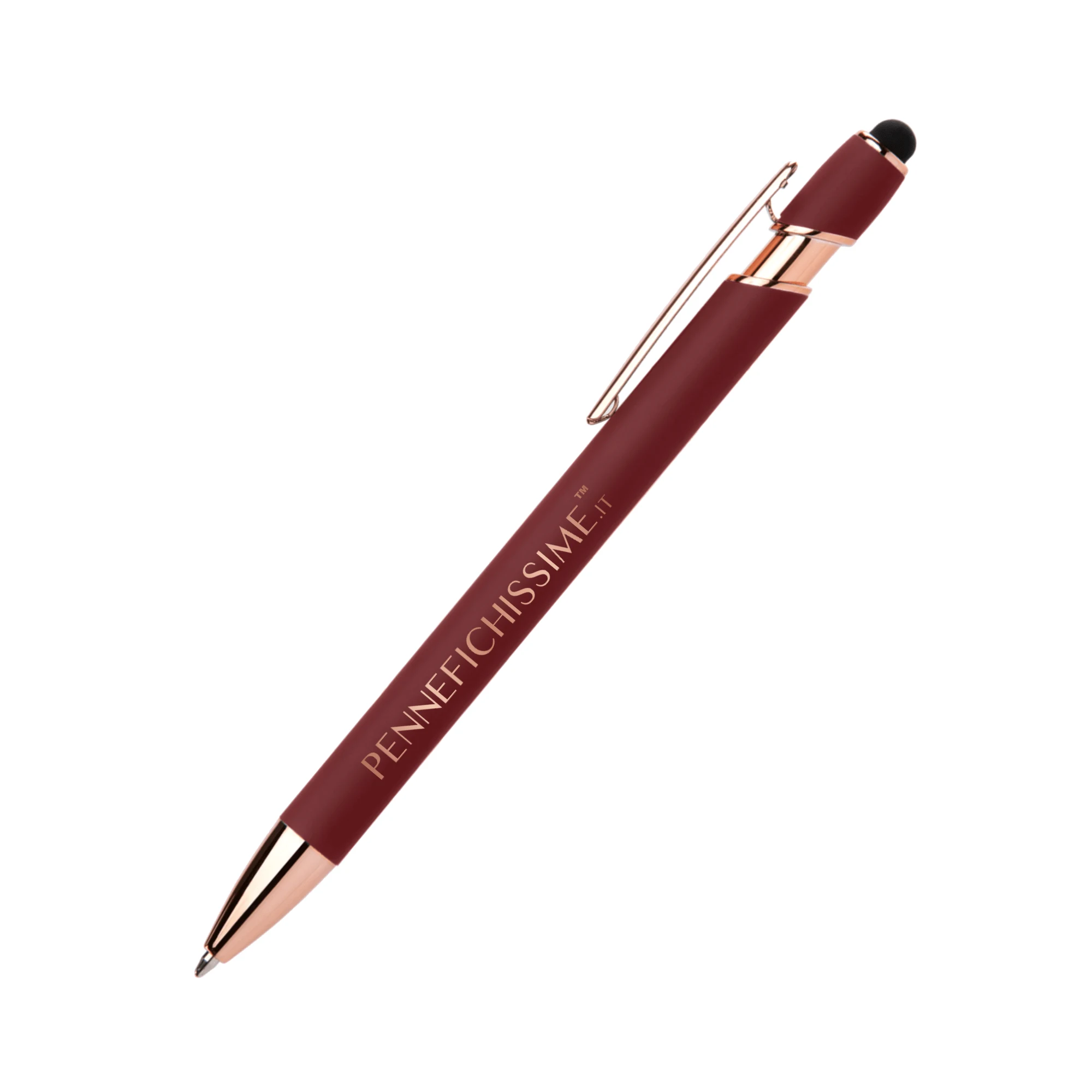 Penna personalizzata soft touch rossa con touch screen e dettagli oro rosa, logo inciso al laser a specchio