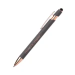 Penna personalizzata soft touch tortora con touch screen e dettagli oro rosa, logo inciso al laser a specchio