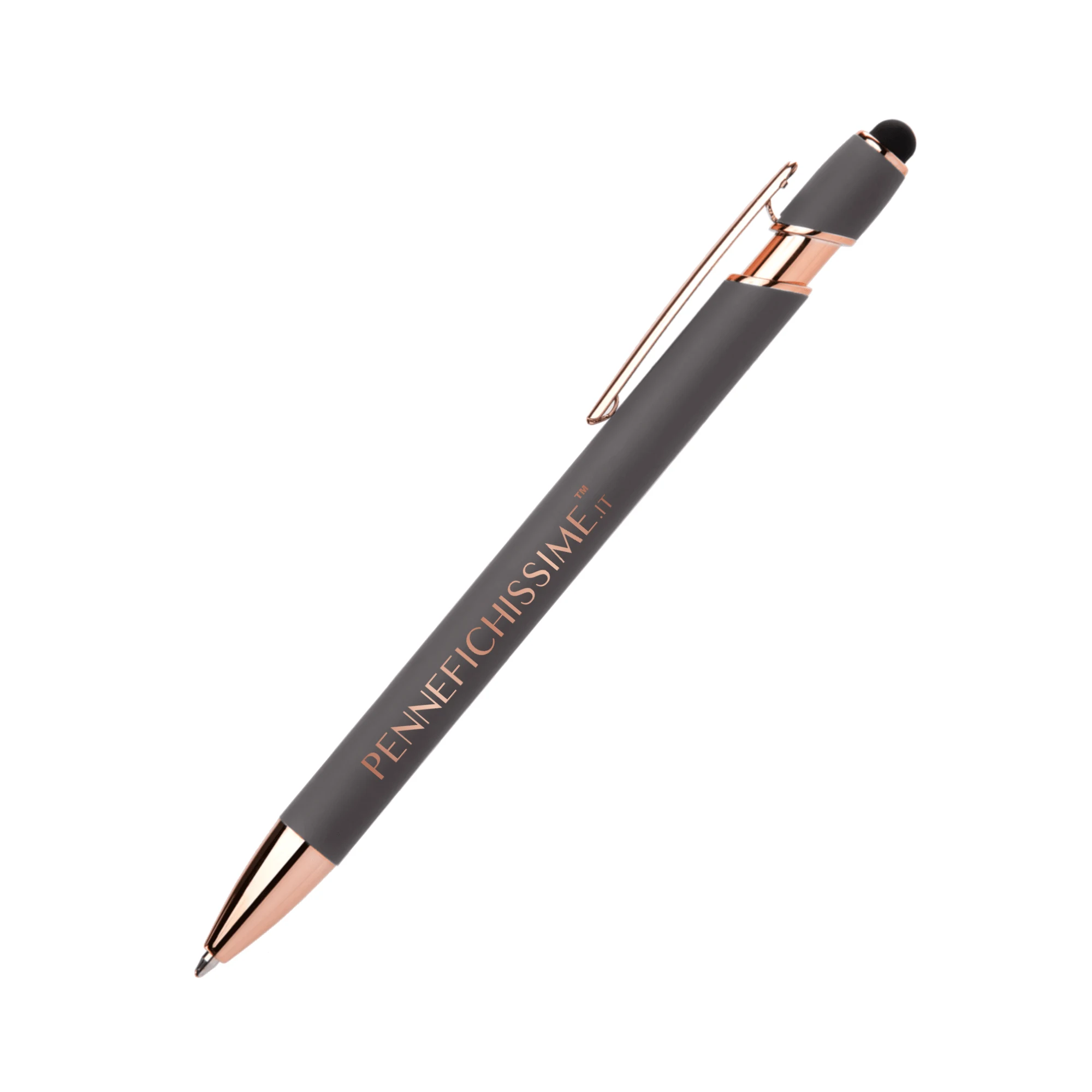 Penna personalizzata soft touch tortora con touch screen e dettagli oro rosa, logo inciso al laser a specchio