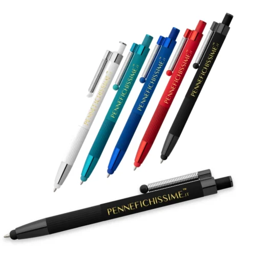 Penna personalizzata touch antistress in alluminio riciclato nei 5 colori disponibili con logo stampato a colori