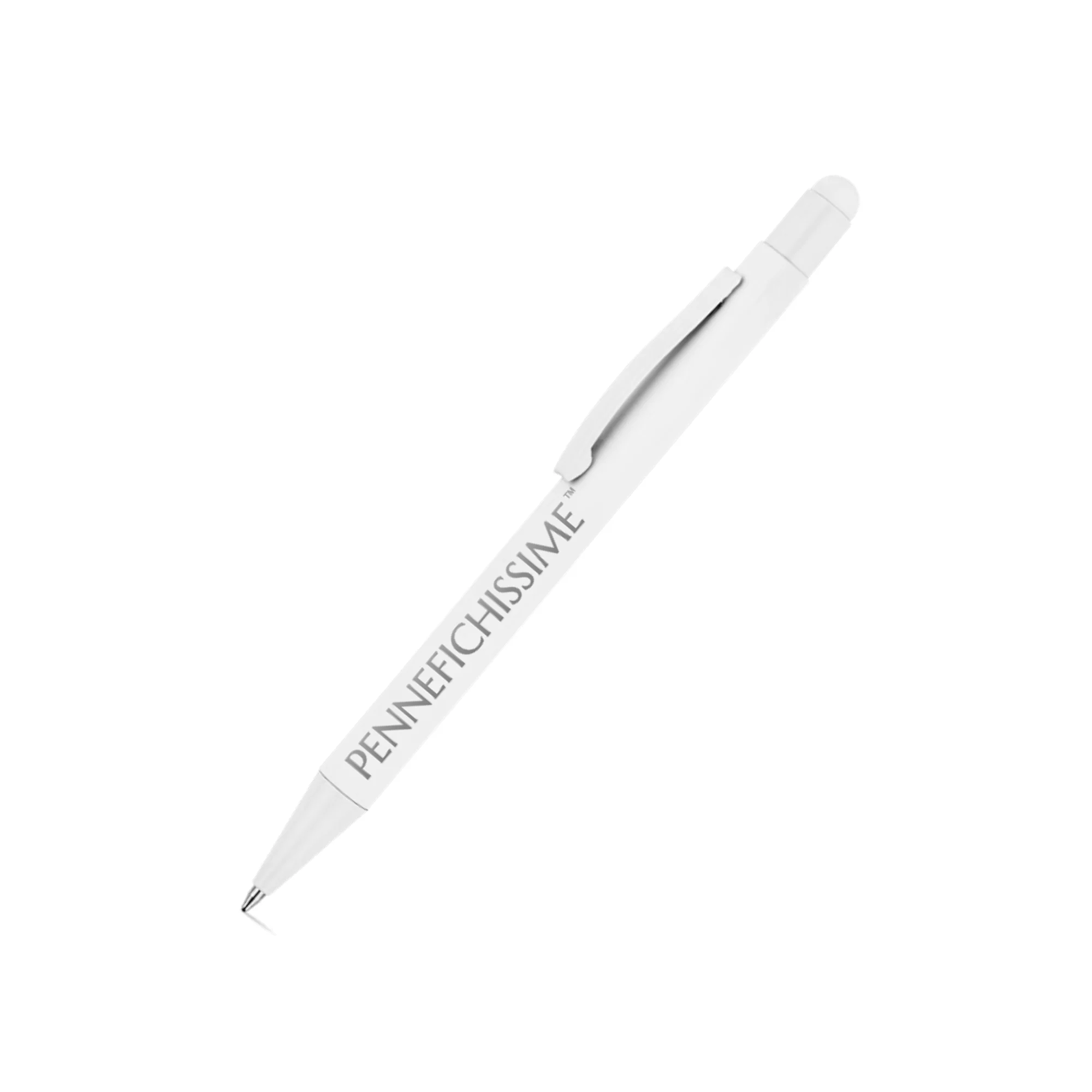 Penna personalizzata touch in alluminio riciclato gommato bianco con logo inciso al laser