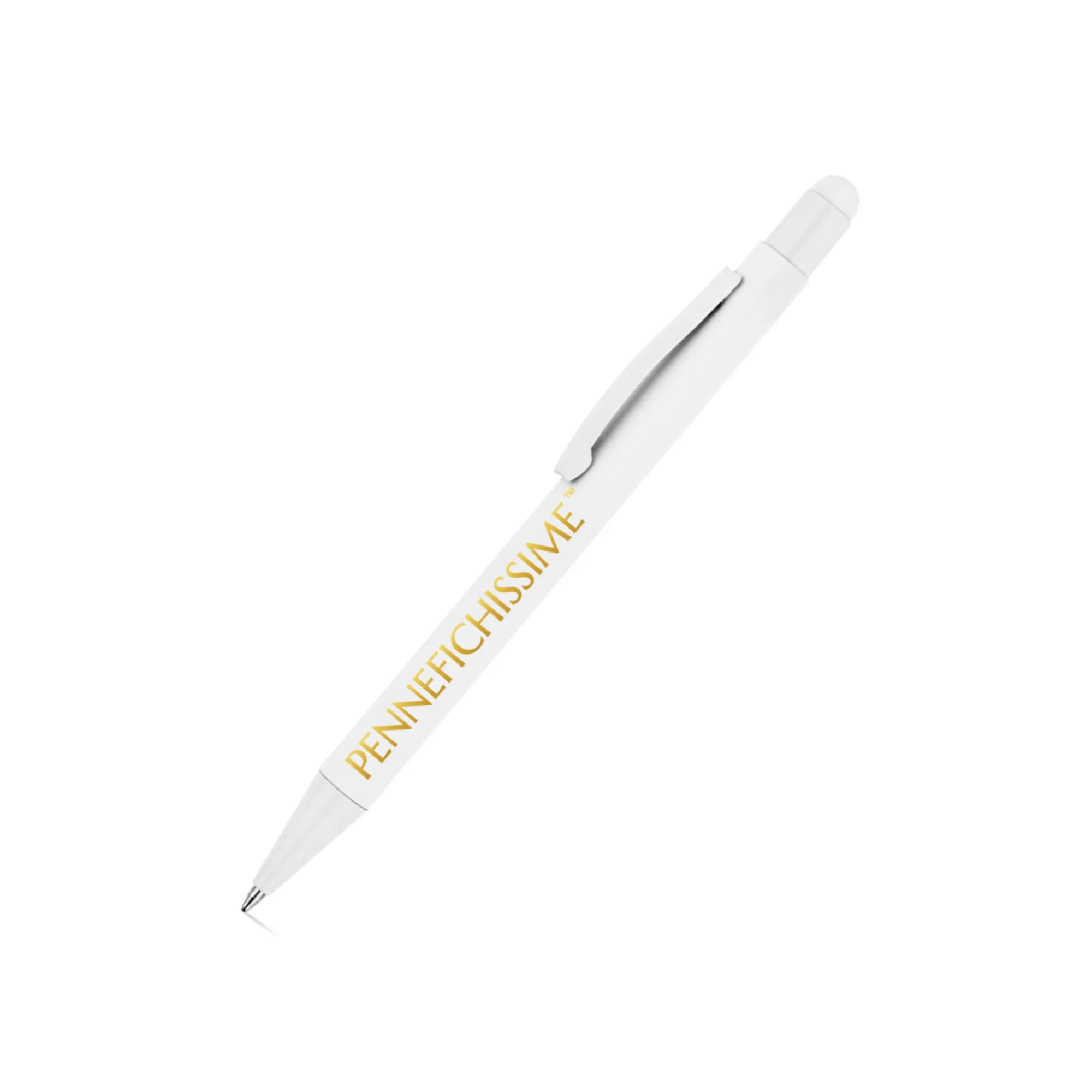 Penna personalizzata touch in alluminio riciclato gommato bianco con logo stampato UV digitale