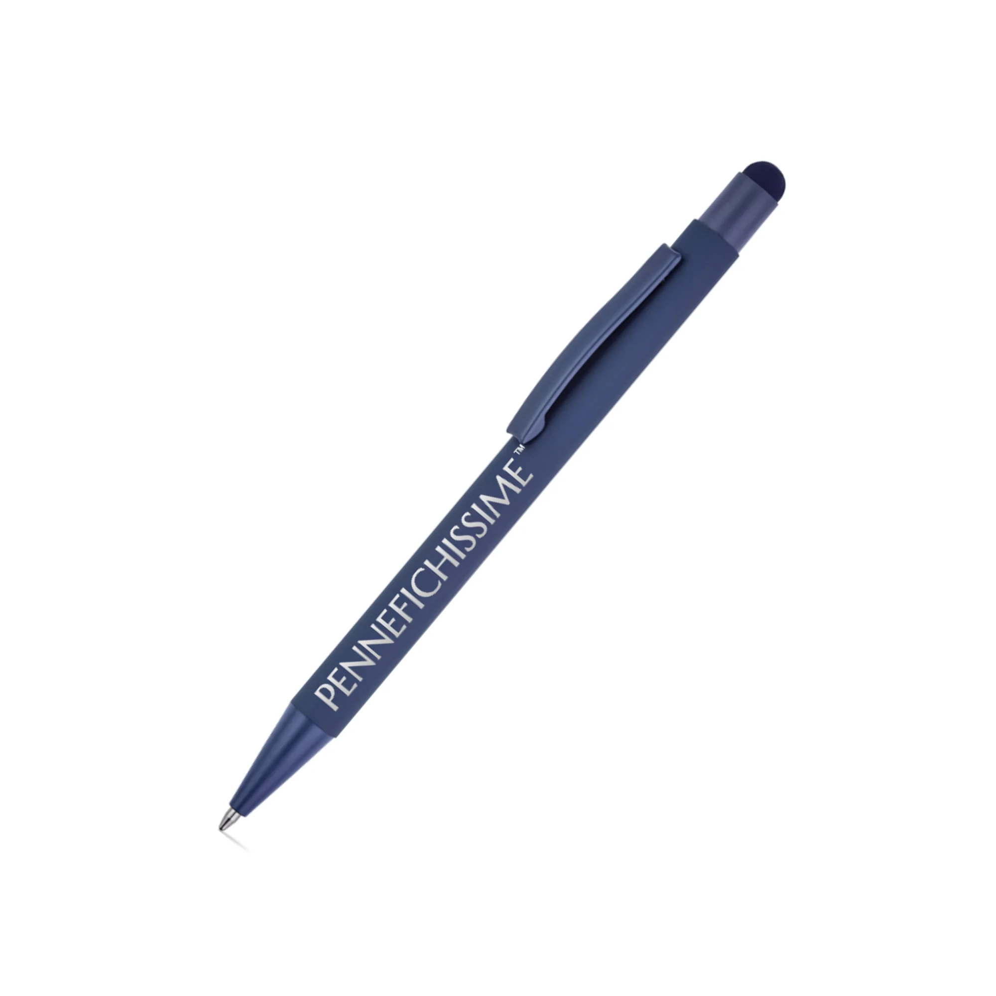 Penna personalizzata touch in alluminio riciclato gommato blu scuro con logo inciso al laser